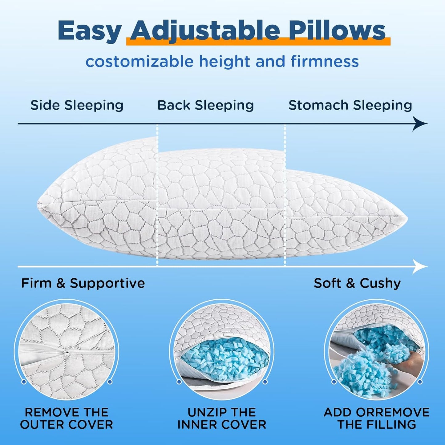 Skiennix Cooling Pillow Set - Adjustable Shredded Memory Foam | Queen Size, Soft & Supportive for All Sleepers
