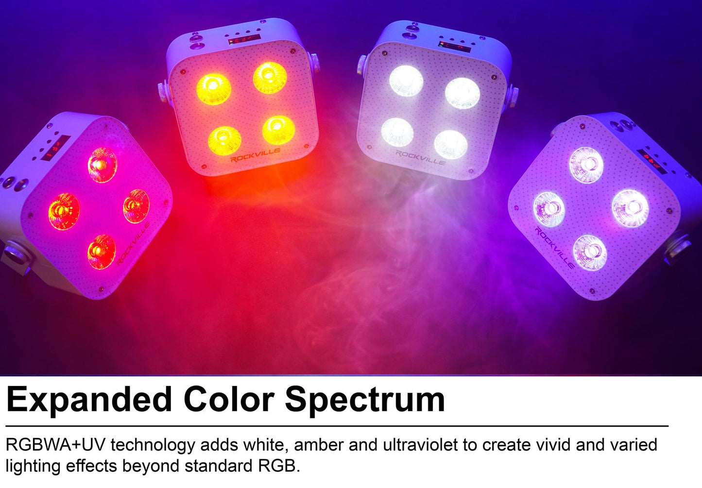 Rockville 4 Pack MINI RF4 V2 White LED Wash Up Light, RGBWA+UV, Compact, App, Remote, LCD, Wireless DMX, Rechargeable, Perfect for DJ/Party Lighting