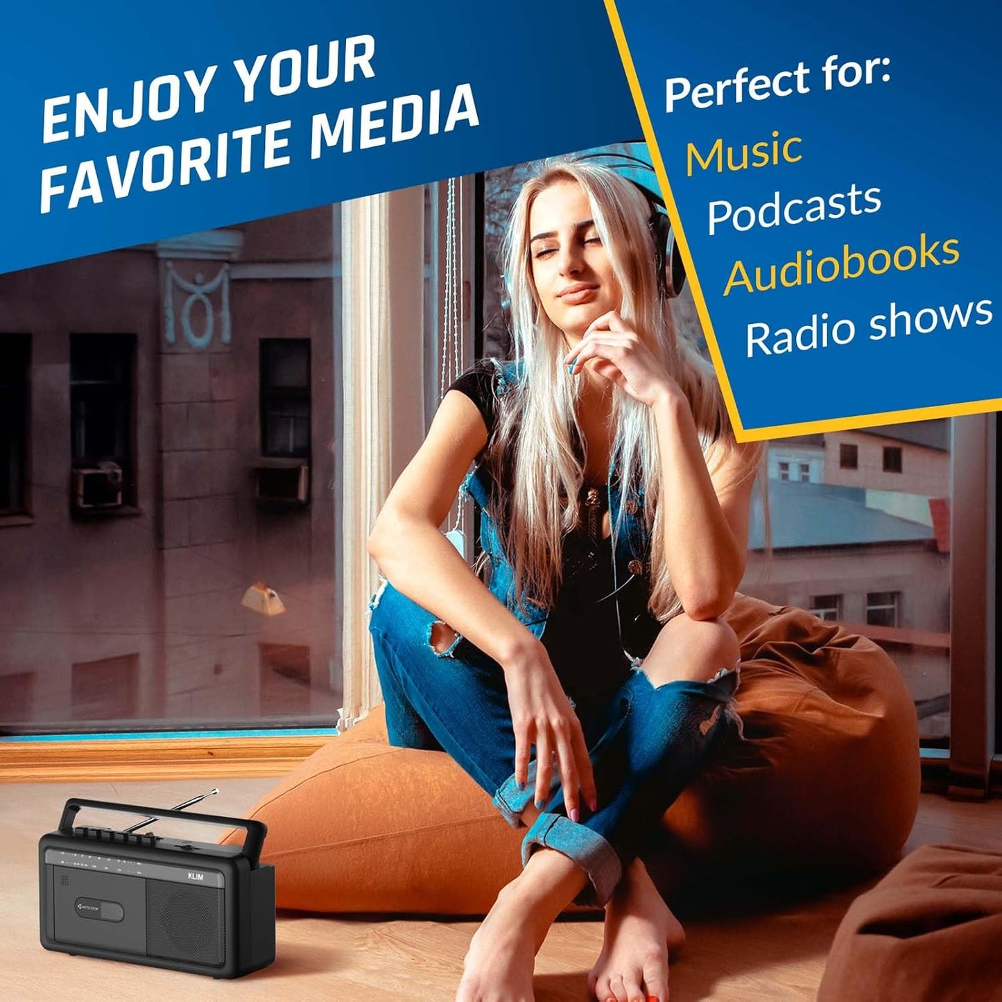 KLIM Cassette Portable Player & Tape Recorder Boombox with AM/FM Radio, USB, Bluetooth, Speaker, and Earphone Jack