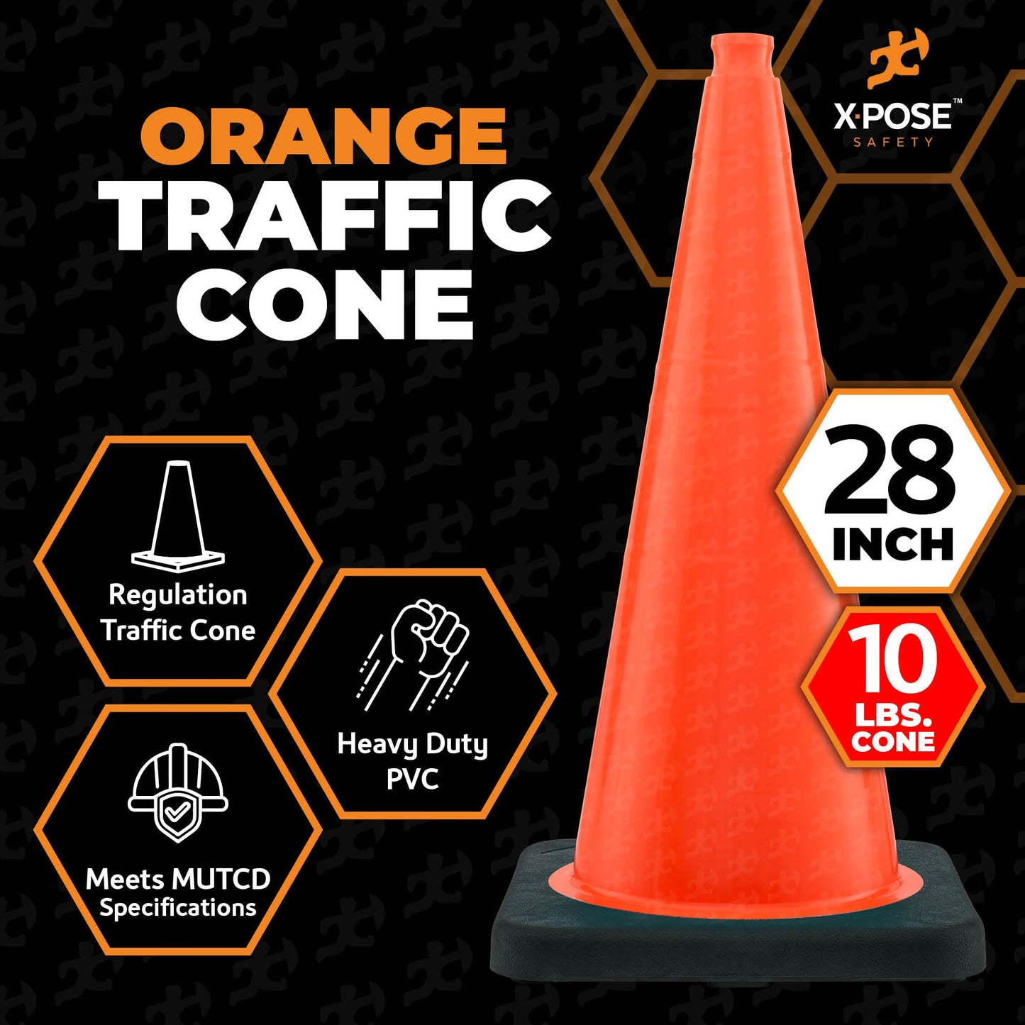 Xpose Safety 28" Orange Traffic Cones Heavy Duty 10lb, 4-Pack - Multipurpose PVC Plastic Safety Cone for Parking, Soccer, Caution, Kids and Construction - Custom Stenciling Available