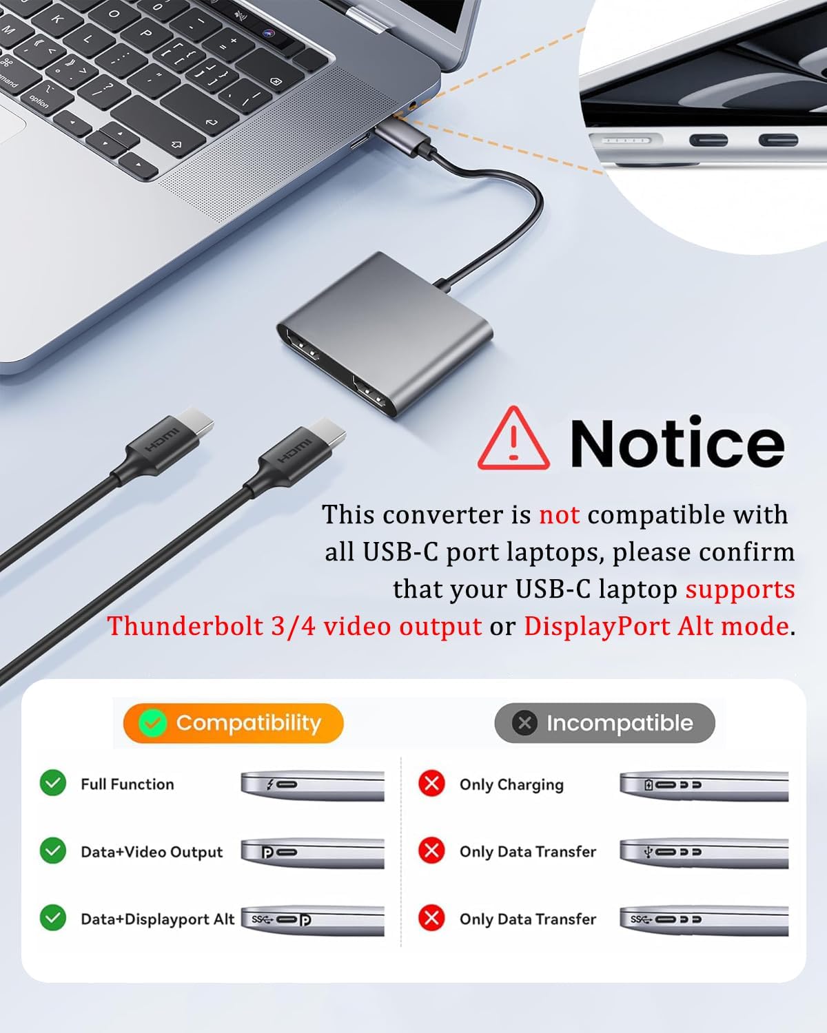Siawclub 2 4K@60Hz 2 USB C to Dual HDMI Adapter, with HDMI Docking Station, Type C to HD Splitter for Monitors