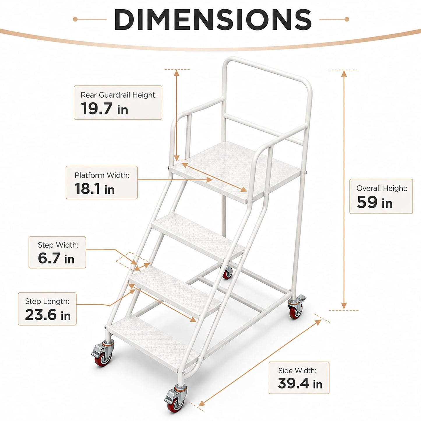 4 Step Rolling Ladder with Handrails, 880 lbs Capacity Heavy Duty Steel Mobile Warehouse Ladder with Locking Wheels, Non-Slip Rolling Stairs with Large Platform for Garage, Stockroom, Library