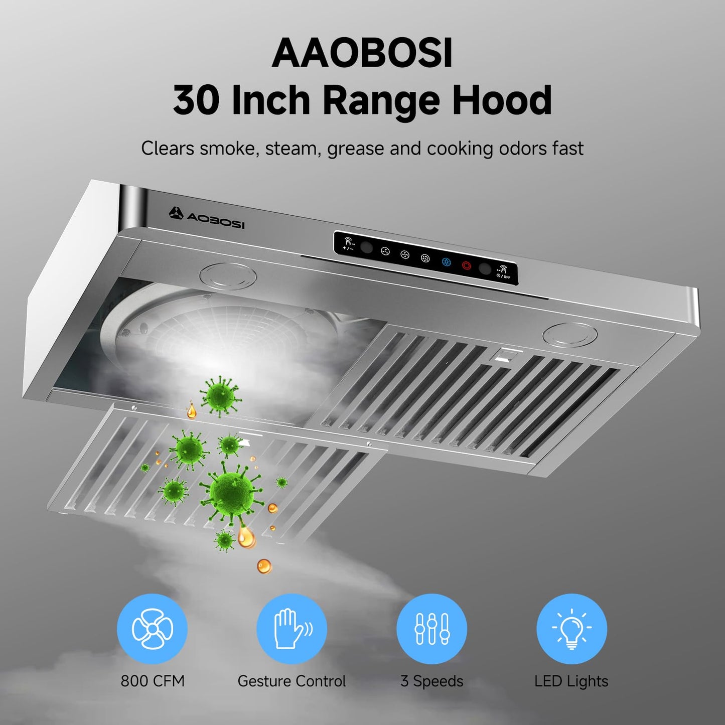 AAOBOSI 30 Inch Under Cabinet Range Hood, 800 CFM Stainless Steel Kitchen Vent Hood with Gesture Sensing, Touch Control, 3-Speed Exhaust Fan, LED Lights, Ducted Range Hood