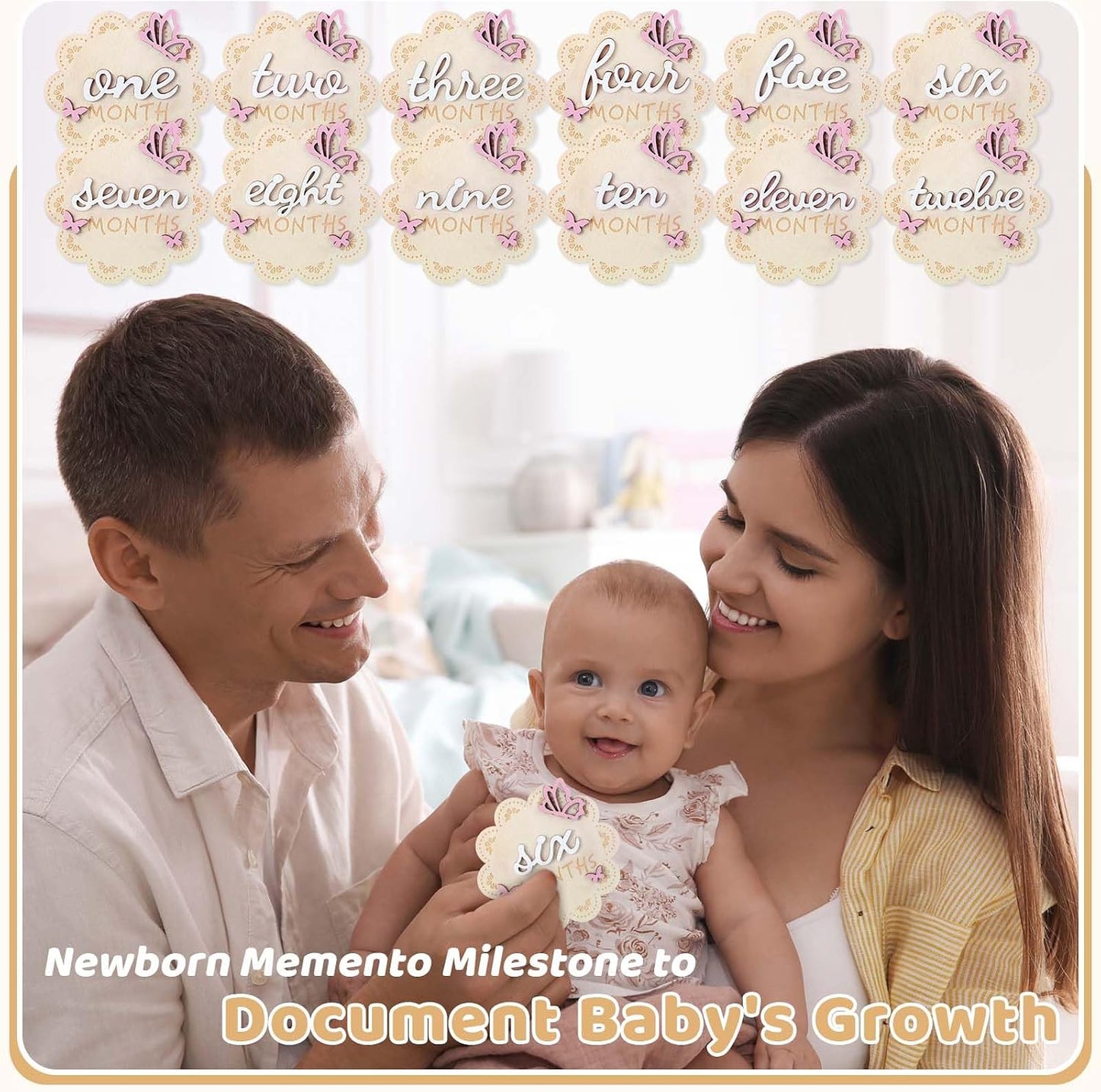 12 3D 1-12 Pcs Butterfly Wooden Baby Girl Monthly Milestone Cards Sign Months Milestone Marker Discs Newborn