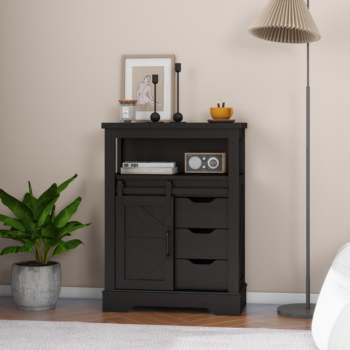 Panana Farmhouse Bathroom Floor Cabinet, Sliding Barn 3 Drawers & 1 Door Freestanding Small Storage Cabinet for Bathroom, Kitchen (Black)