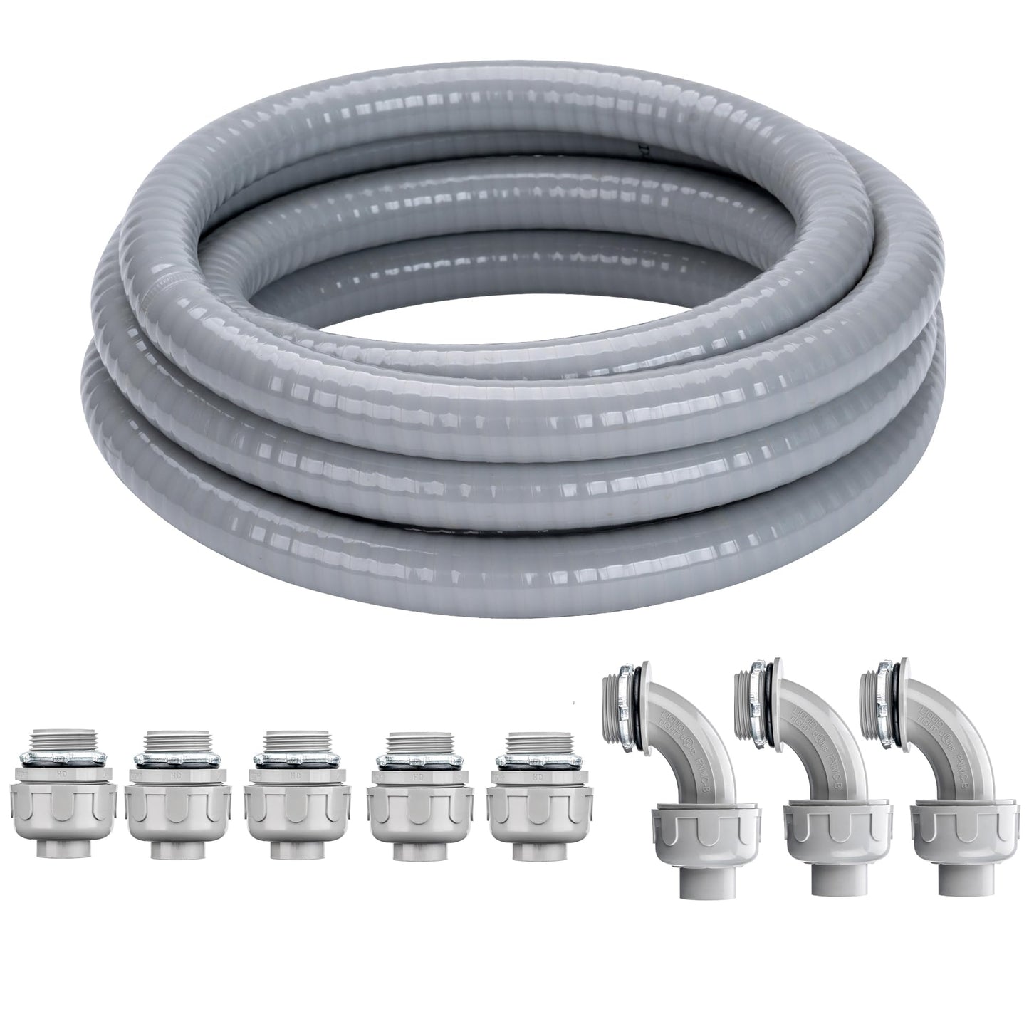 Geowaky 2 Inch 25 FT Liquid-Tight Conduit and Connector Kit Non Metallic Flexible Conduit Electrical Kit - 5 Straight and 3 Angle Fittings Included for Electrical Wiring