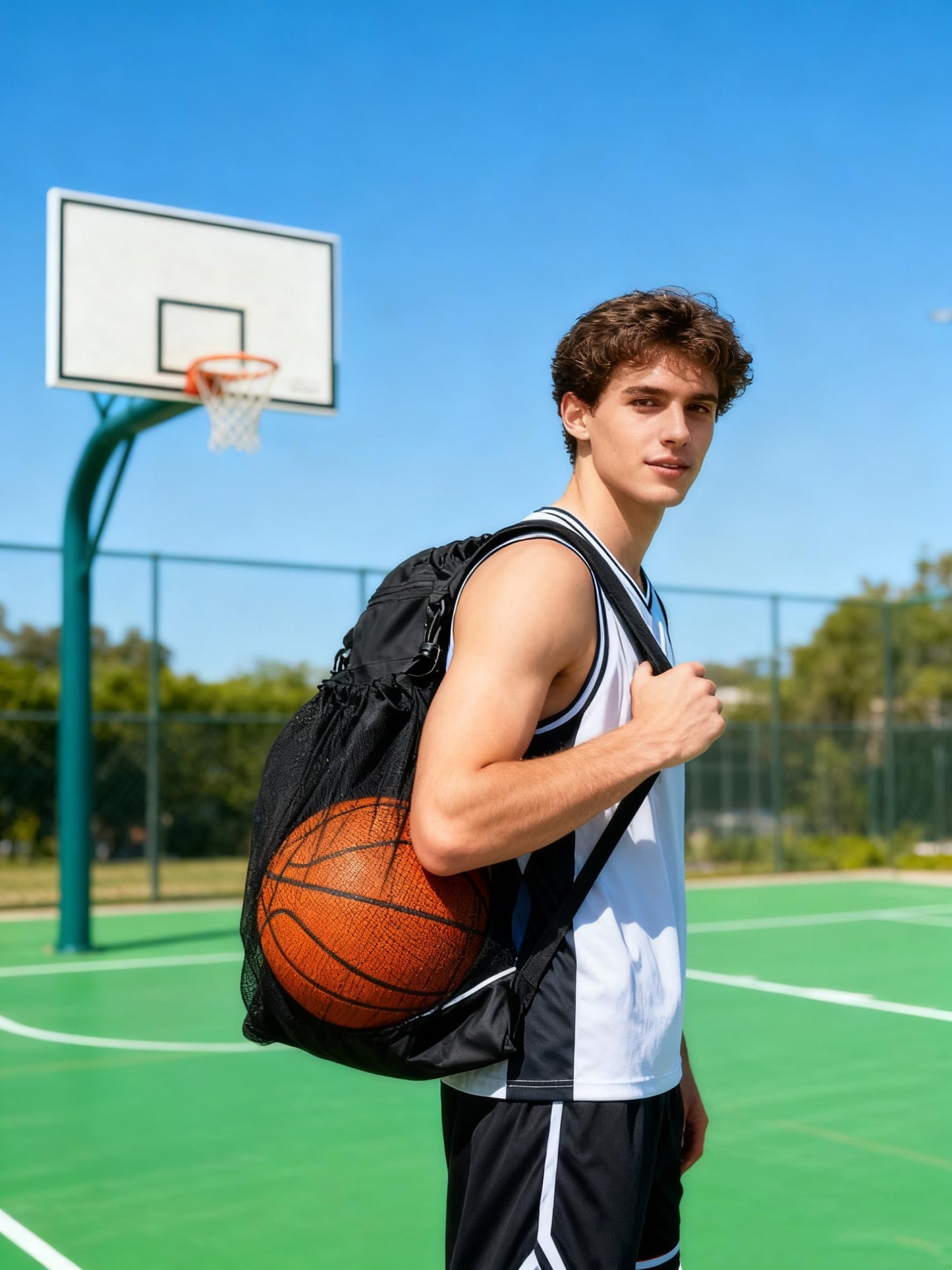 SSZYace Drawstring Basketball Backpack for Boys, Foldable Soccer Backpack with Detachable Ball Mesh Bag for Football Volleyball Baseball, Black