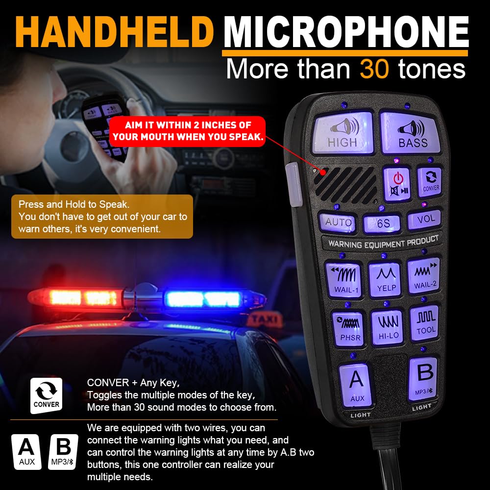 Emergency Police Siren 200W Multi-Tones PA System Slim Speaker Sirens with Handheld Controller & Mic Microphone Warning Electronic Alarm Horn Kit for Tow Truck Car Vehicles Pickup UTV ATV POV RV