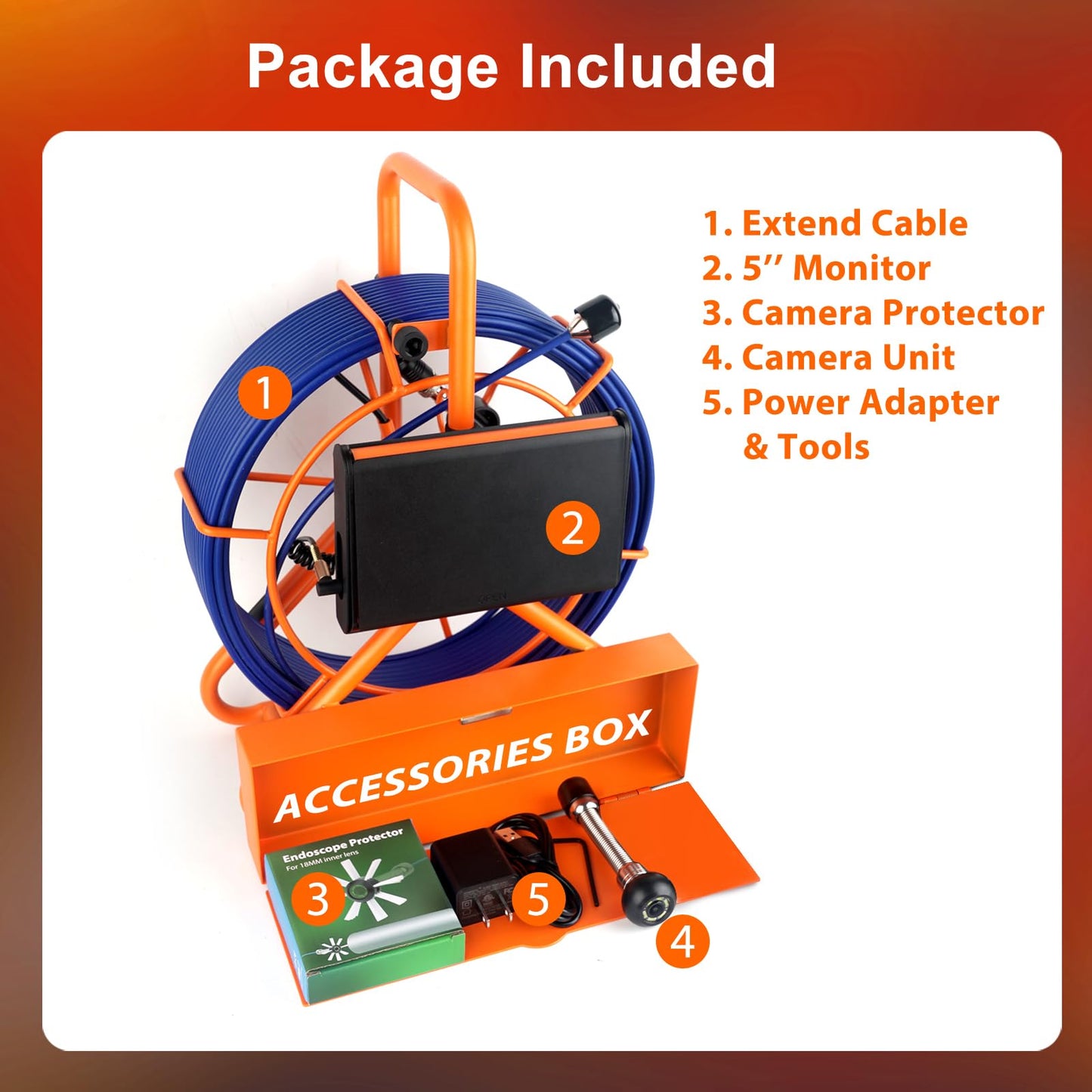 Kcapyn Sewer Camera 100FT/30M Pipe Inspection Borescope Endoscope Camera with Light 6 LEDs 5" IPS Screen 17MM Plumbing Snake 5000 Mah Battery,1080P High-Definition Industrial Sewer Camera