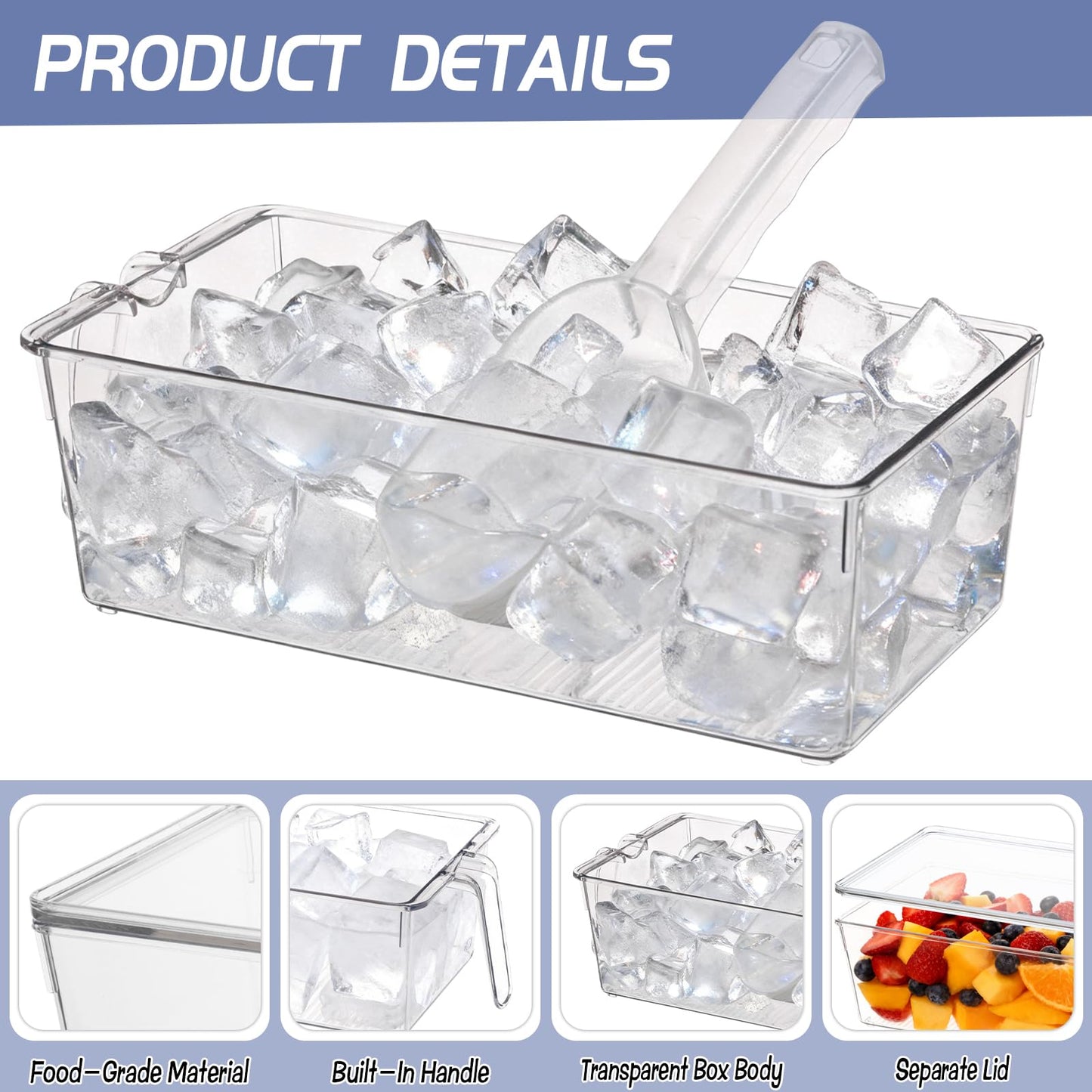 2 Set Ice Storage Bins for Freezer with Lid and Flexible Scoop, Transparent Plastic Ice Container with Pull-Out Handle Kitchen Food Storage Organizer for Home Office Fridge Kitchen
