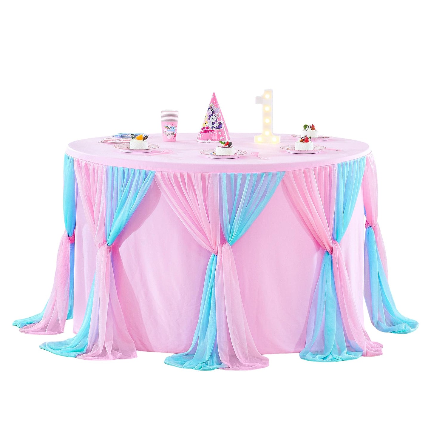 Besutolife Blue Pink Tablecloth for Round Tables 6ft Tulle Table Skirt for Baby Shower Birthday Party Dining Table Buffet Parties Camping