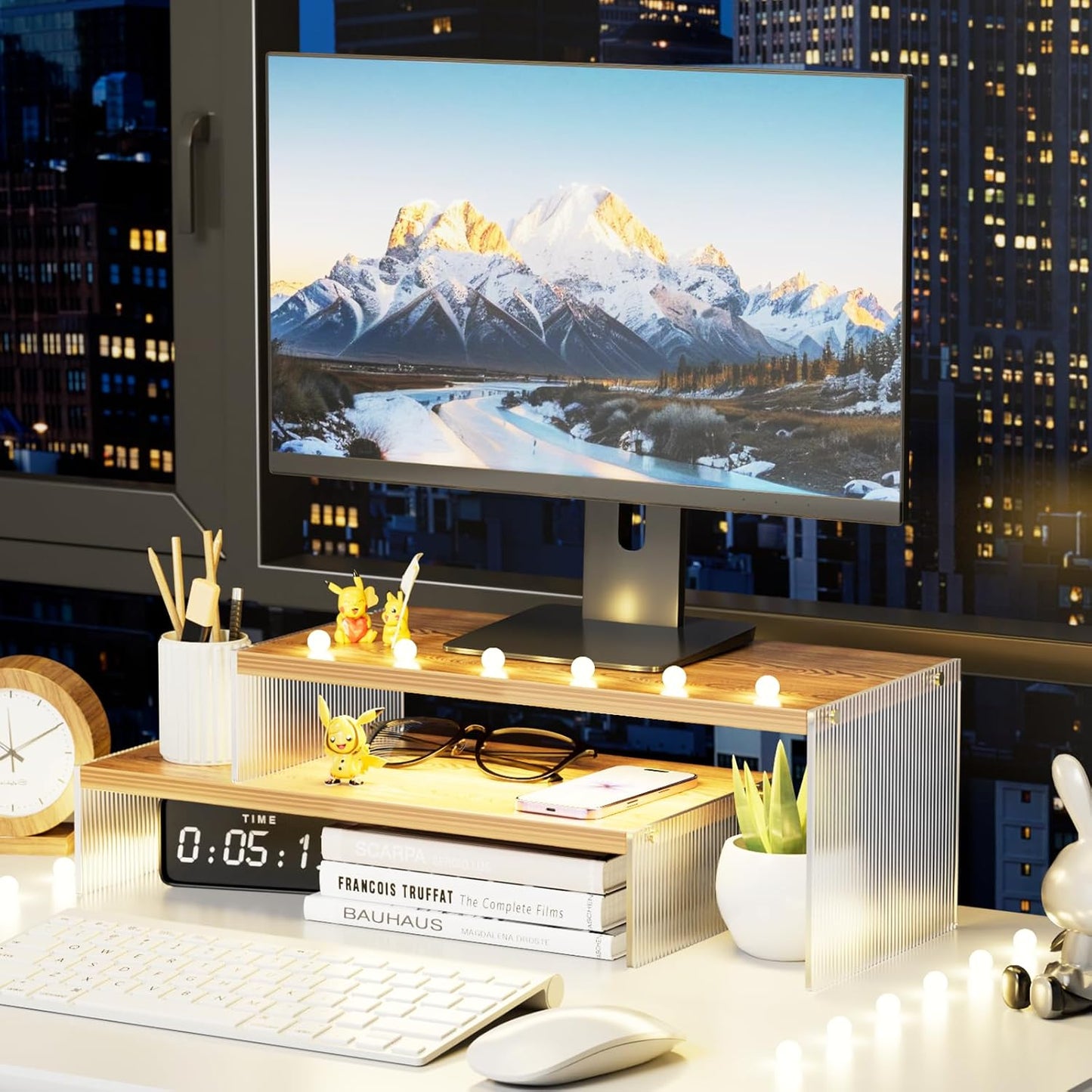 Legs15.74" Desk2-Tier PCModern Adjustable Monitor Stand Riser with Acrylic Length Dual Monitor Stand for Wood Desktop