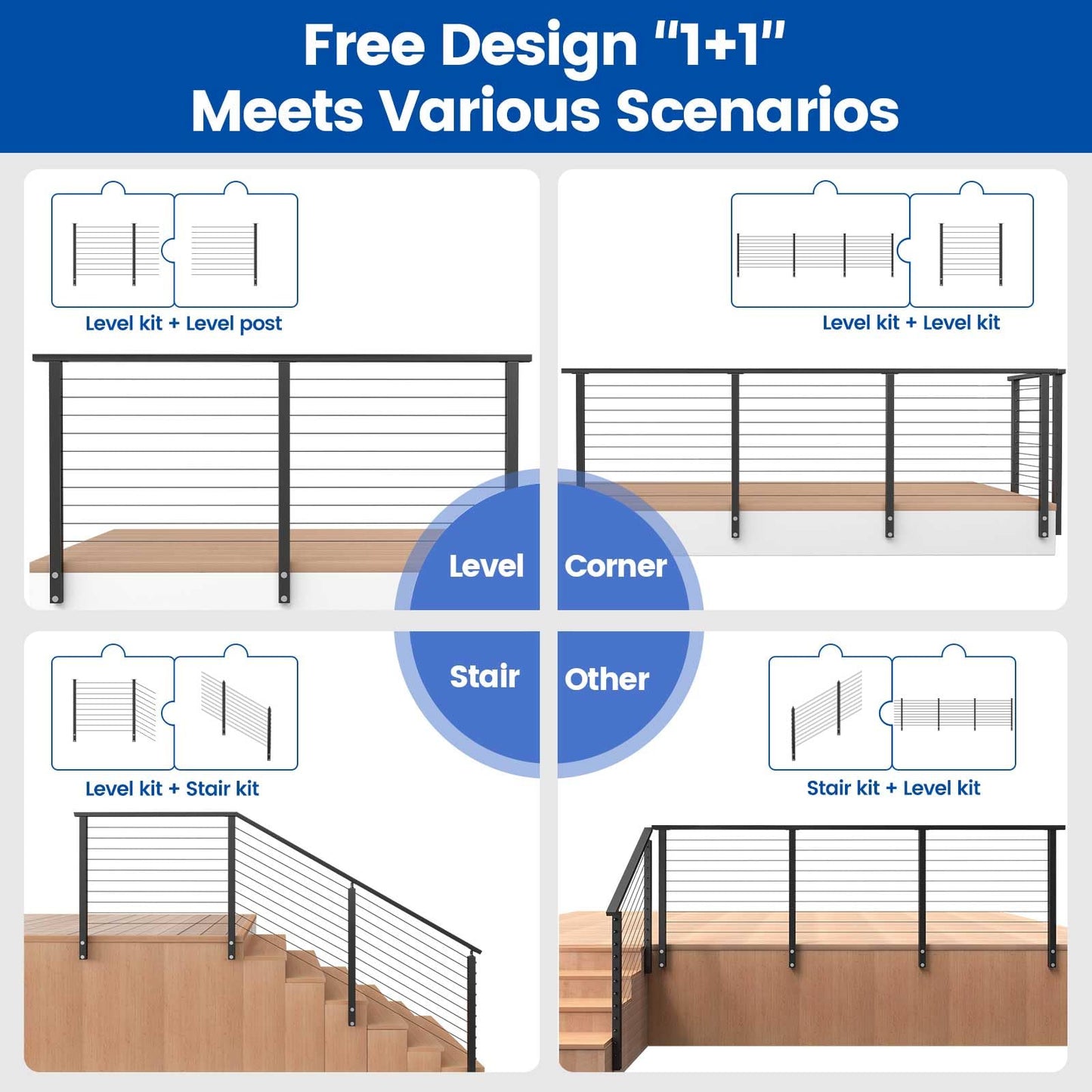 Muzata 5-10FT Modular Black Side Mount Cable Railing Kit 36 Inch 2 Level Post Kit Complete Set Cable Railing System for Decks Length Adjustable with Paper User Guide (No Handrail) RWF2 BH4S