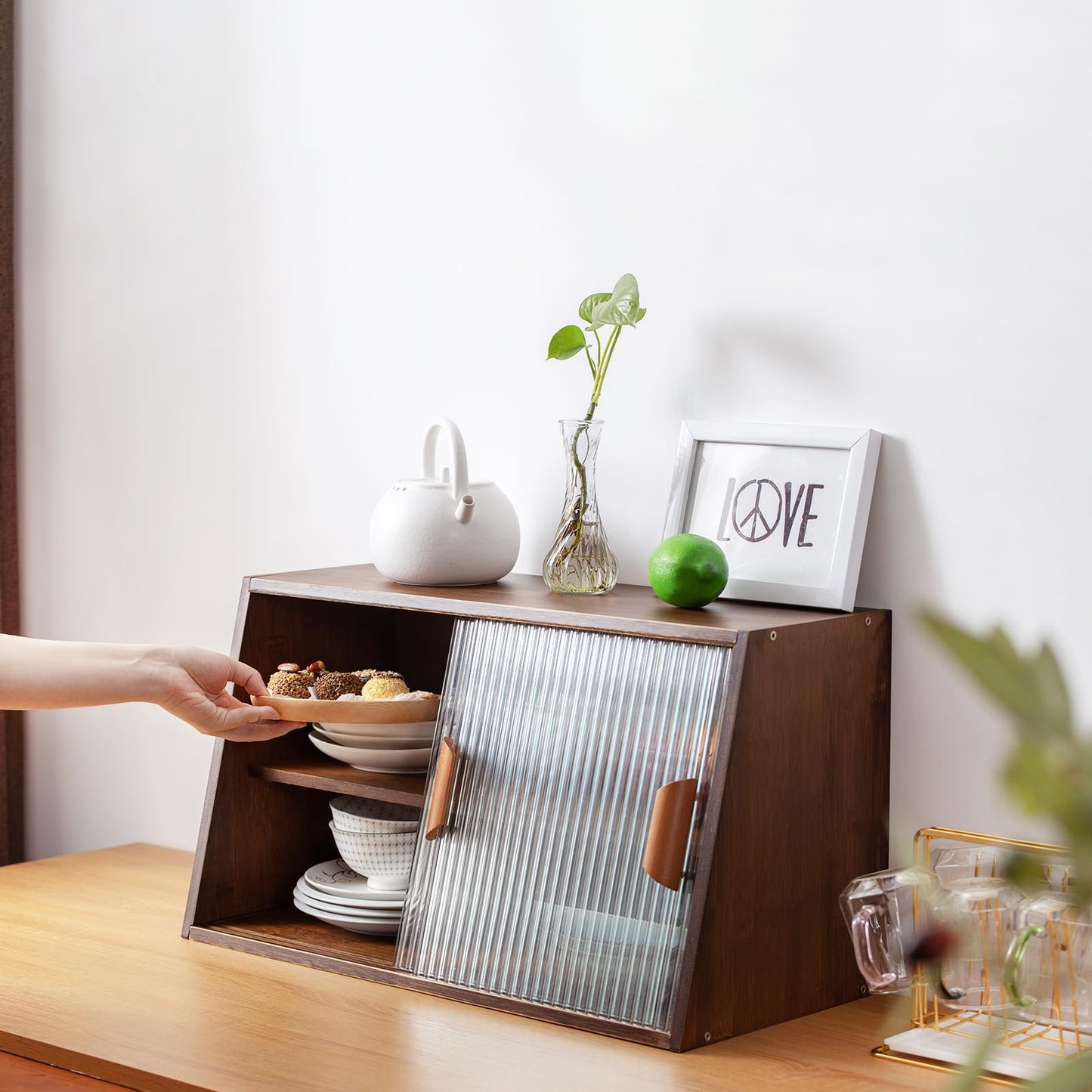 Tiita Small Kitchen Pantry Cabinet, Bamboo Sideboard with Glass Doors, Cupboard Food Pantry Cabinet for Kitchen, Living Room and Dinning Bedroom