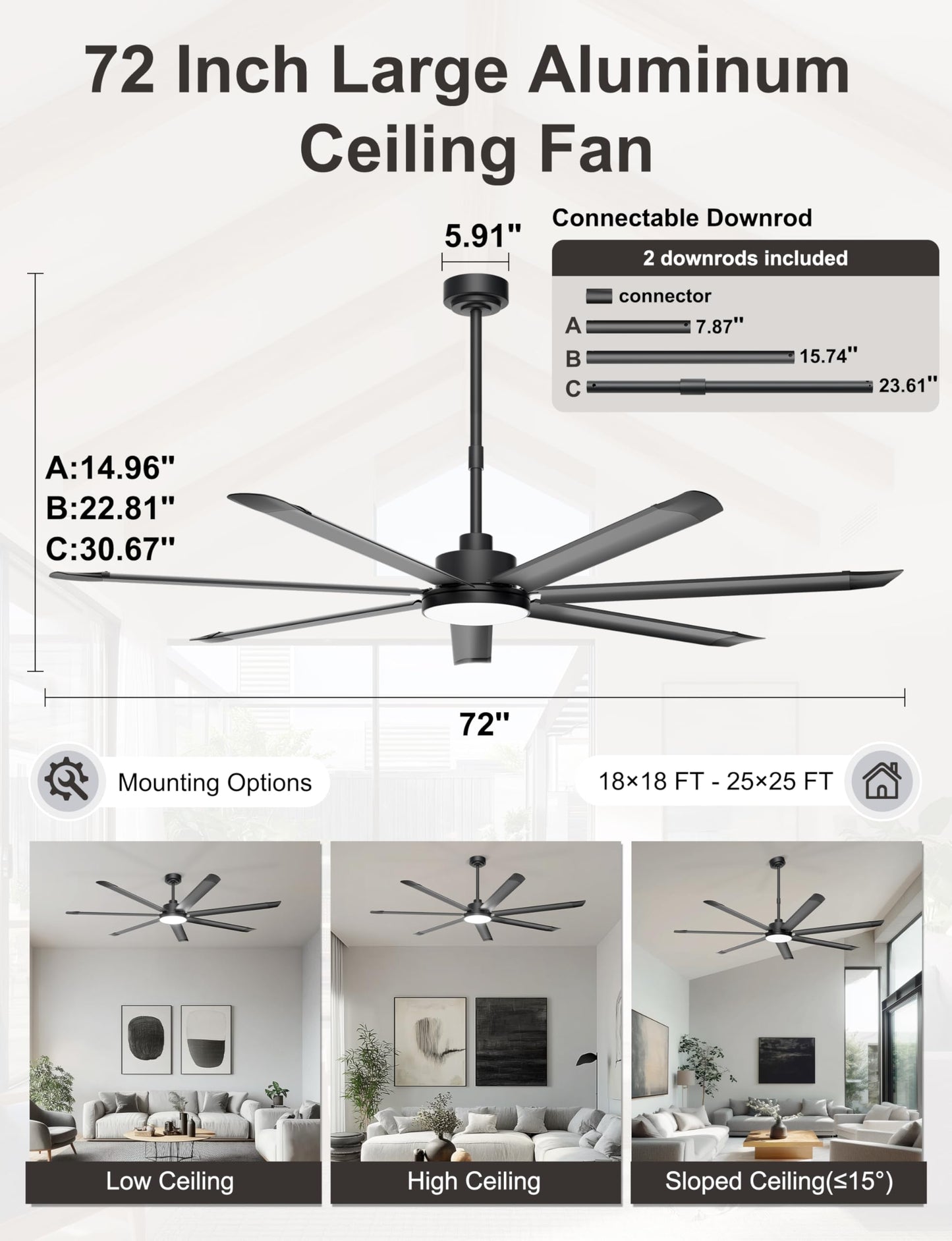 Ohniyou 72'' Large Ceiling Fan with Lights, High CFM Industrial Ceiling Fan with Remote/APP, 7 Aluminum Blades, Dimmable, for Outdoor Patio, Shop, Garage, Black