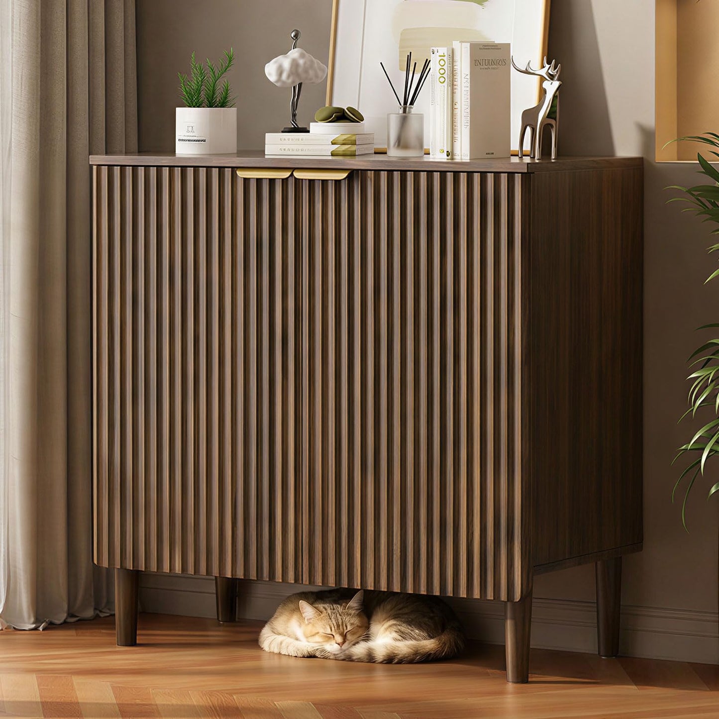 LOOMORA Sideboard Buffet Storage Cabinet - Wood Cabinets with Adjustable Shelves Fluted Doors, Anti-Tip Console Table for Kitchen Dining Living Room or Entryway Hallway, Easy Assembly, Walnut