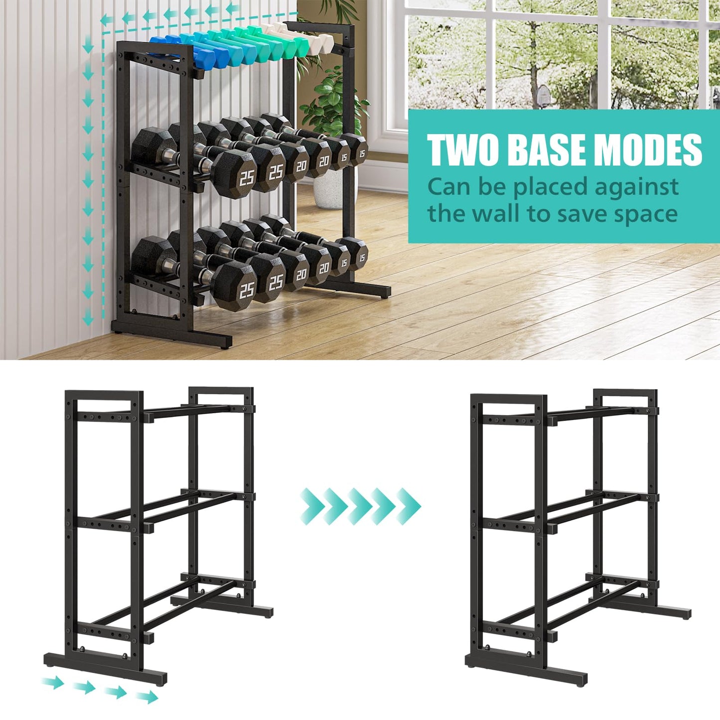 Kificet 3 Tier Adjustable Dumbbell Rack, 33.6-Inch Weight Rack for Home Gym, Extended Base kettlebell holder for Home Gym, Space-Saving Dumbbell Stand - 900LBS Capacity (Rack Only)