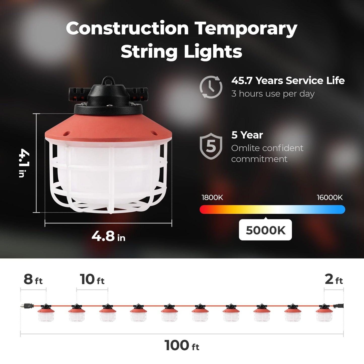 Omlite Construction String Lights: 100FT 3 Prong 150W Linkable Super Bright LED String Lights for Construction Sites Temporary Jobsite IP65 Waterproof 18AWG Wire Work Light with Cage