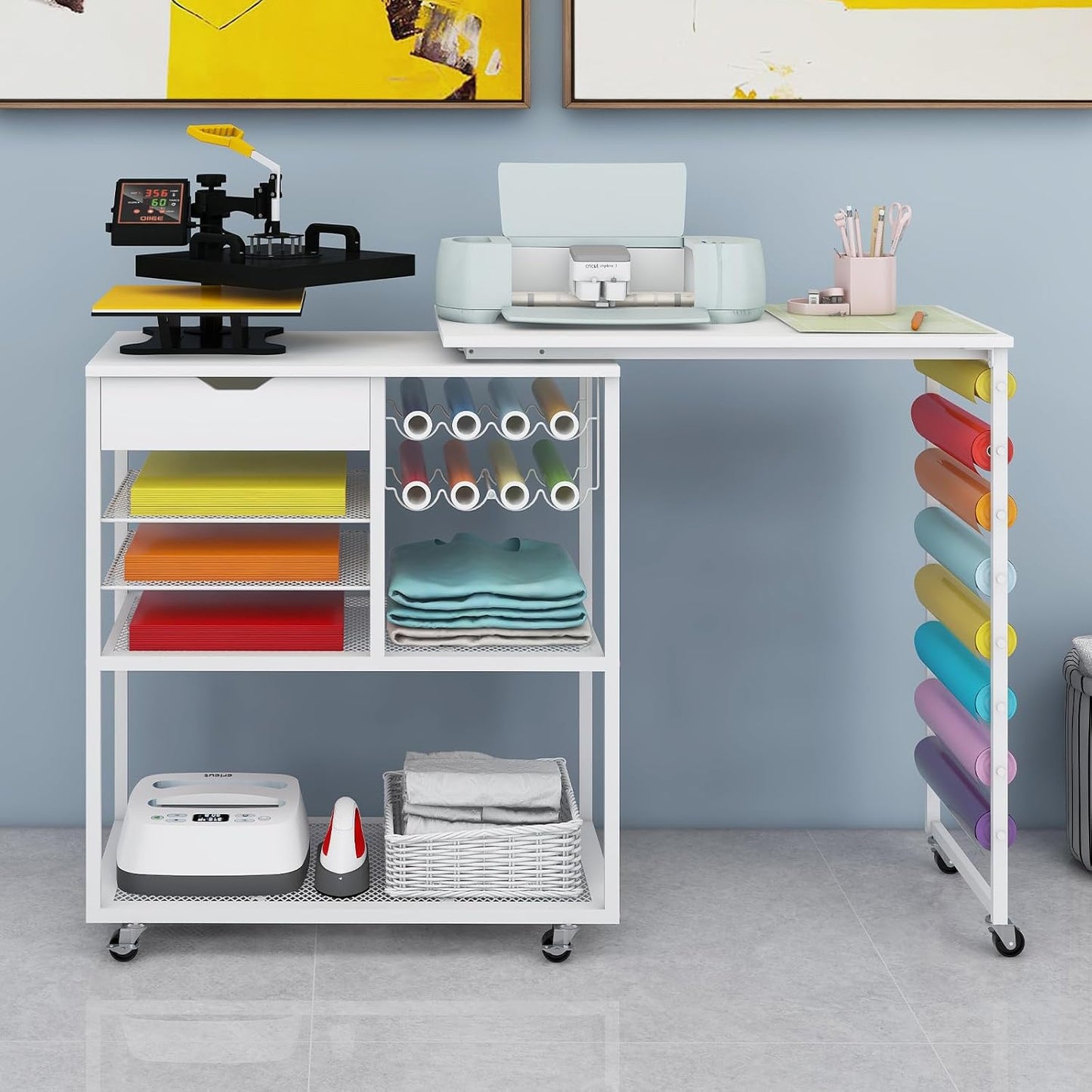 PUNCIA Heat Press Stand - 360° Rotating Craft Cart Table for Cricut | Rolling Storage & Vinyl Holder