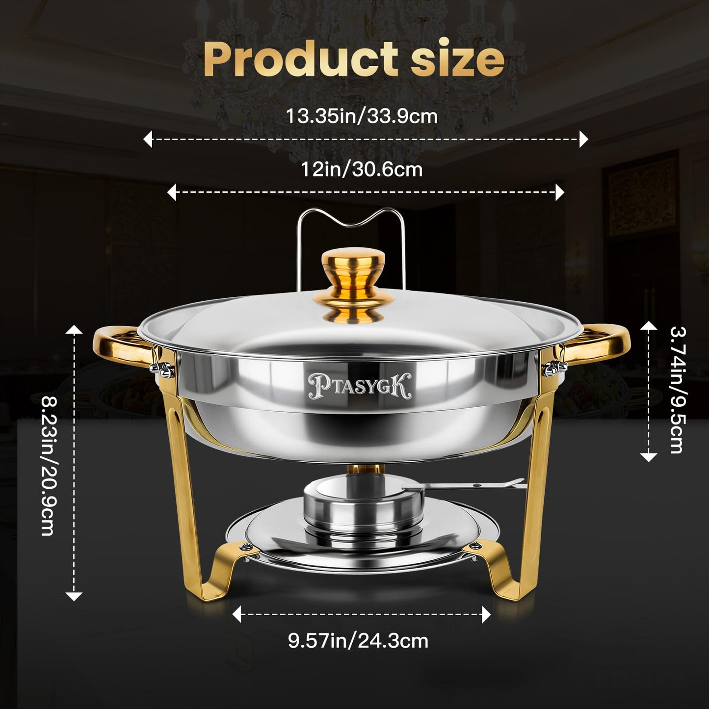 PTASYGK Chafing Dishes for Buffet - 4 Pack 5QT Gold Stainless Steel Round Food Warmer with Stainless Steel Lid, Lid Holder & Stackable Design for Home Parties & Small Catering