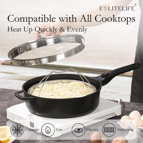 ESLITE LIFE Nonstick Always Pan with Lid, 11 Inch(4.5 Qt) Deep Frying Skillet Sauté Pan, Safe for Oven, Induction & All Cooktops, PTFE & PFOA Free (Black Granite, 11" w/Lid & Steamer)