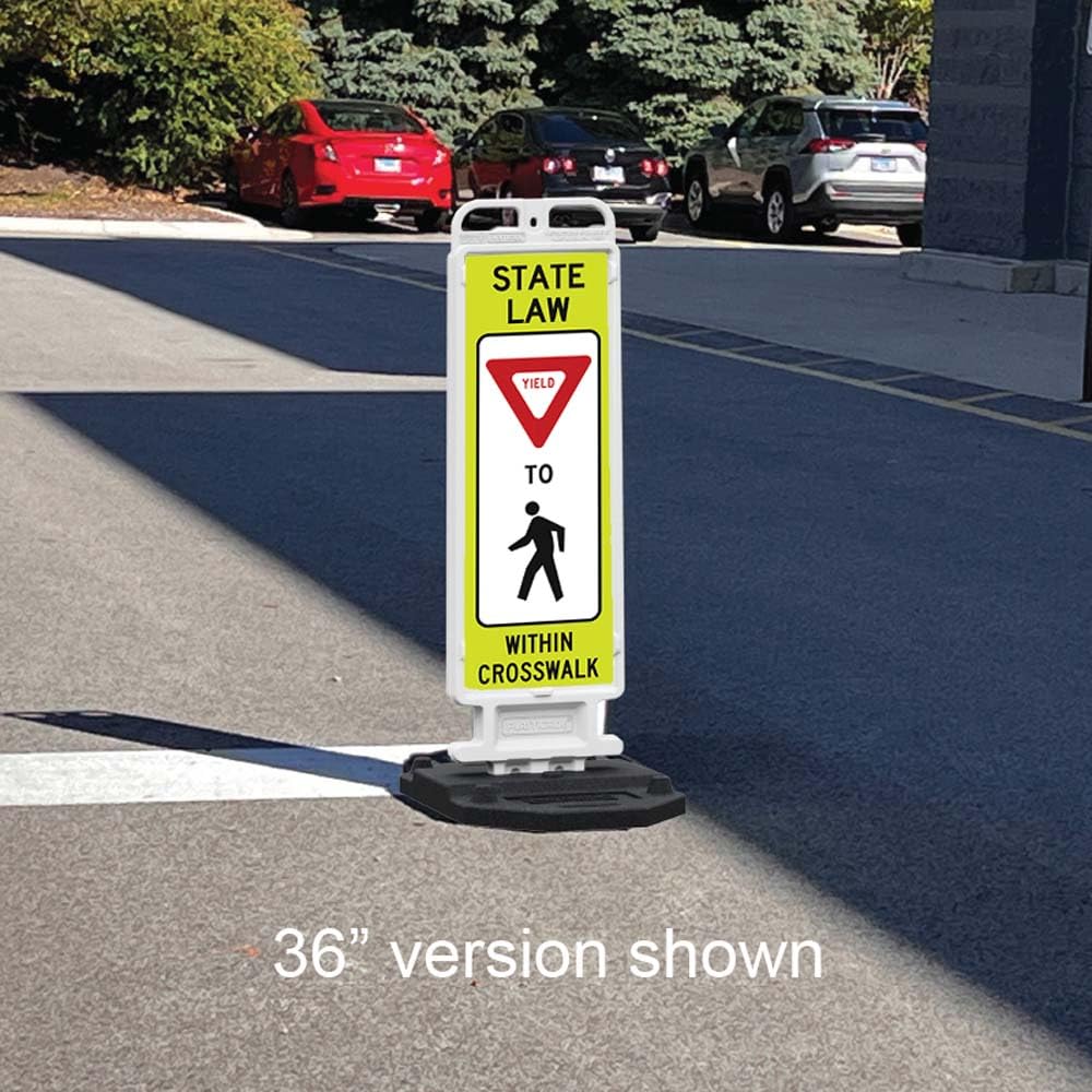 Plasticade Crosscade Crosswalk Sign, 36" Vertical Panel with 12x36 State Law Yield To Pedestrians Sign, Impact-Resistant Rubber Base, Diamond Grade Reflective Background and HIP Sheeting