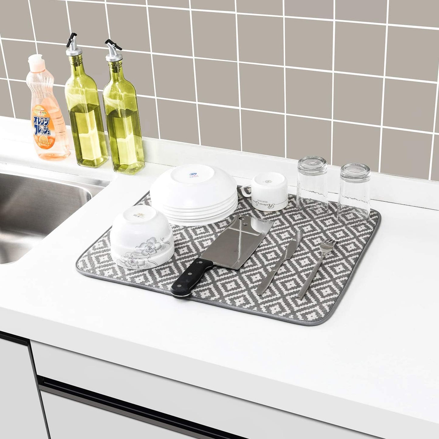 Subekyu Dish Drying Mat - Ultra Absorbent Microfiber Drainer Mats | 2 Pack, 19.2 x 15.8 Inch (Rhombus)