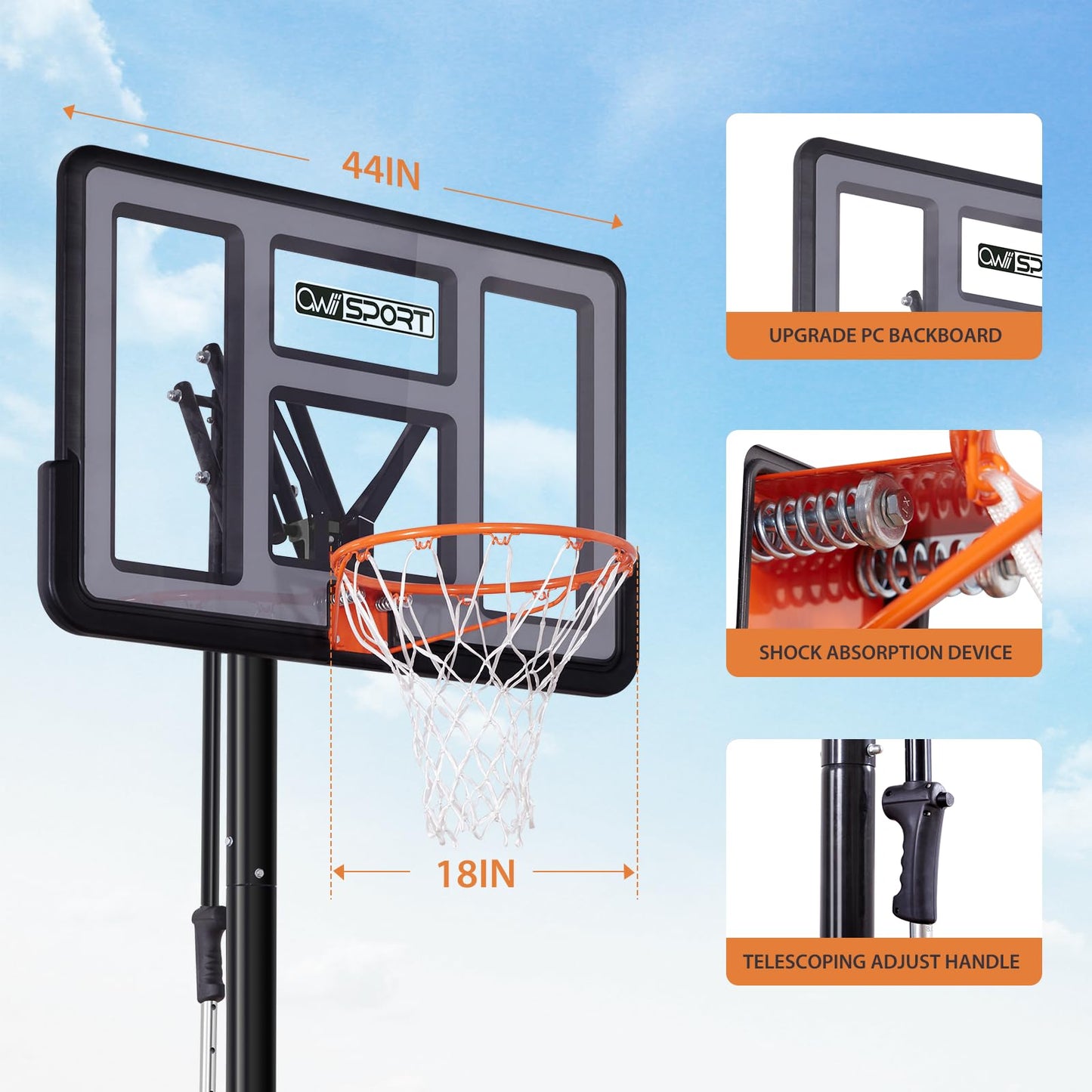 AWII SPORT Basketball Hoop Outdoor Protable 40/44/48 Inch Impact Backboard, 4.8-10FT Height Adjustable Basketball Hoop Goal System with Wheels for Adults