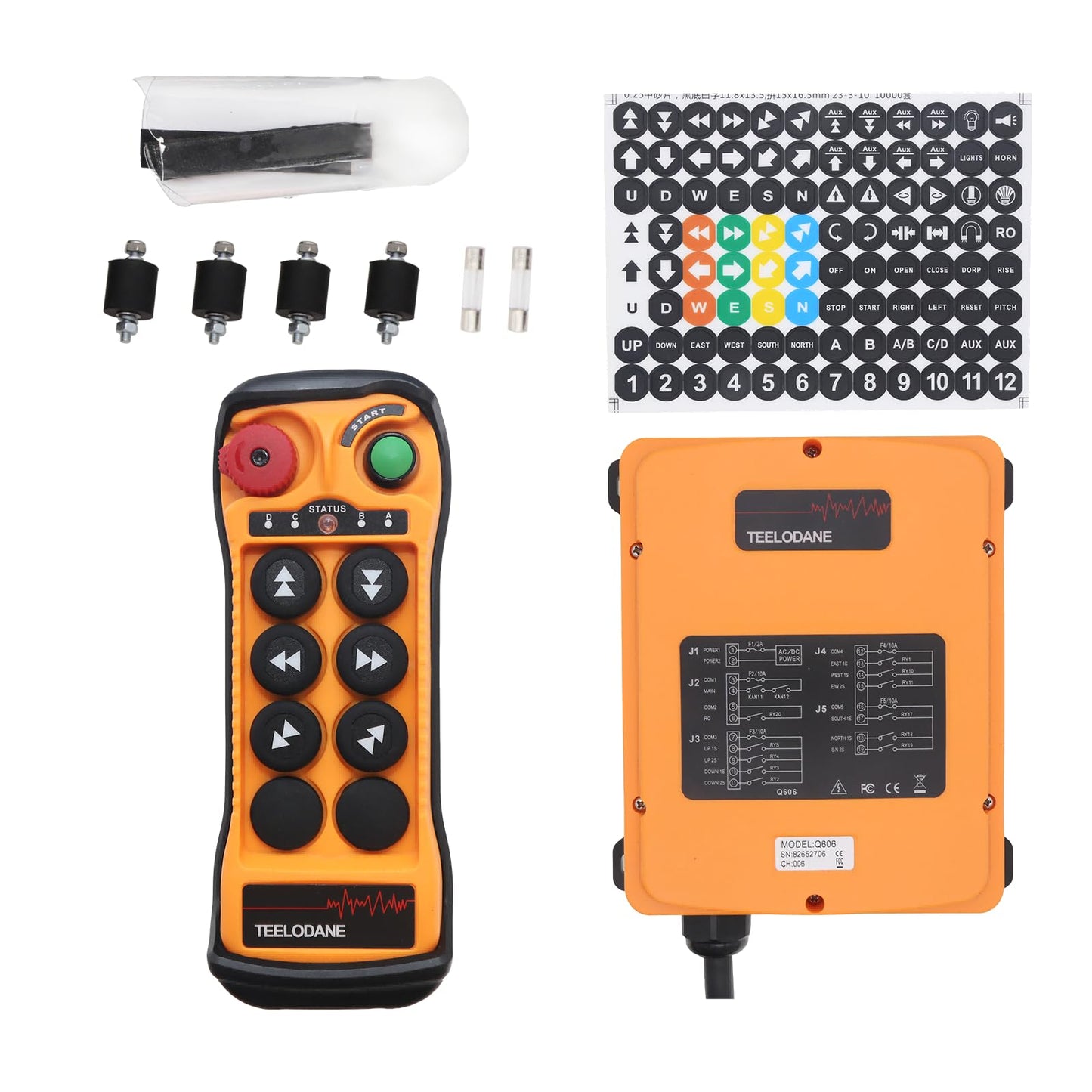 TEELODANE Q606 24V/110V/220V Industrial Wireless Remote Control 6 Button Dual Speed, IP65 Waterproof, Reinforced Nylon Housing, Heavy Duty Radio Controller for Crane Hoist Lift Winch (AC/DC 24-264V)