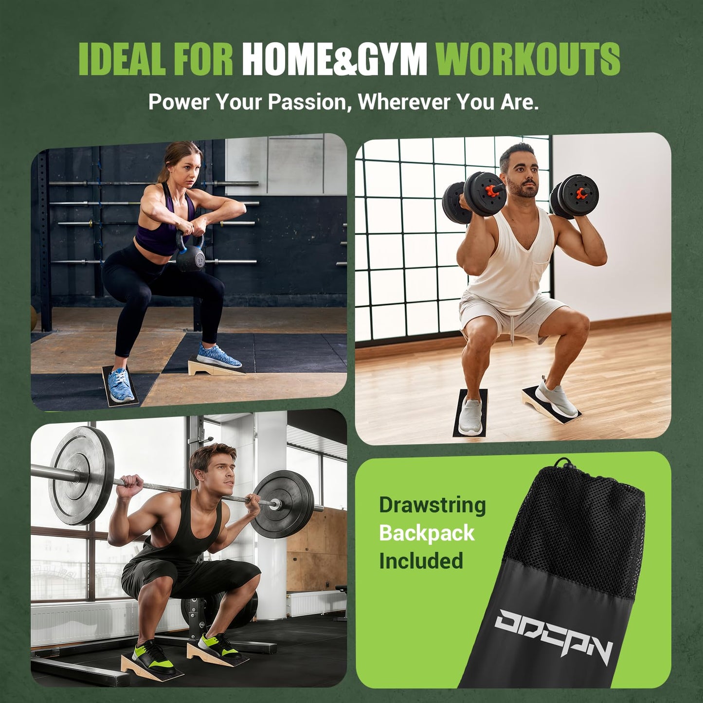 Squat Wedge Block, 2 Pcs Non-Slip Wooden Squat Wedge for Heel Elevation & Weightlifting with Training Poster & Storage, 1800 Lbs Capacity Exercise Slant Board for Calf Stretching & Ankle Mobility