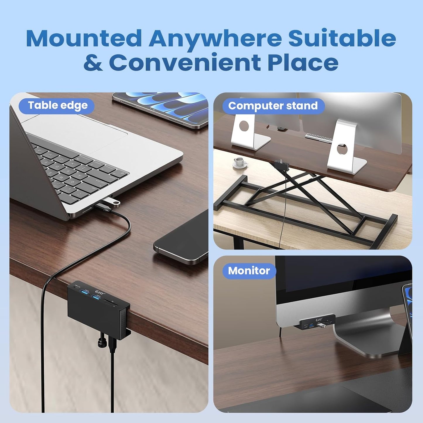 EJAY 5-in-1 59" 5Gbps Clamp USB Hub Desk Mount, Aluminum Mountable USB C Hub with SD/TF Card Reader, Long Cable Under