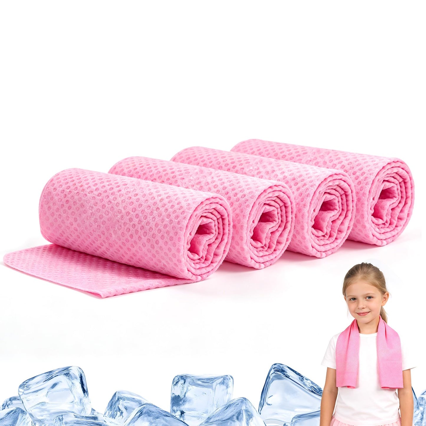 BobbleT Kids PVA Cooling Towels 4 Pack (30"x9") - Mini Instant Ice Cooling Towels for Neck & Face with UPF 50+ Sun Protection, Reusable Summer Heat Relief for Outdoor Activities, Pink