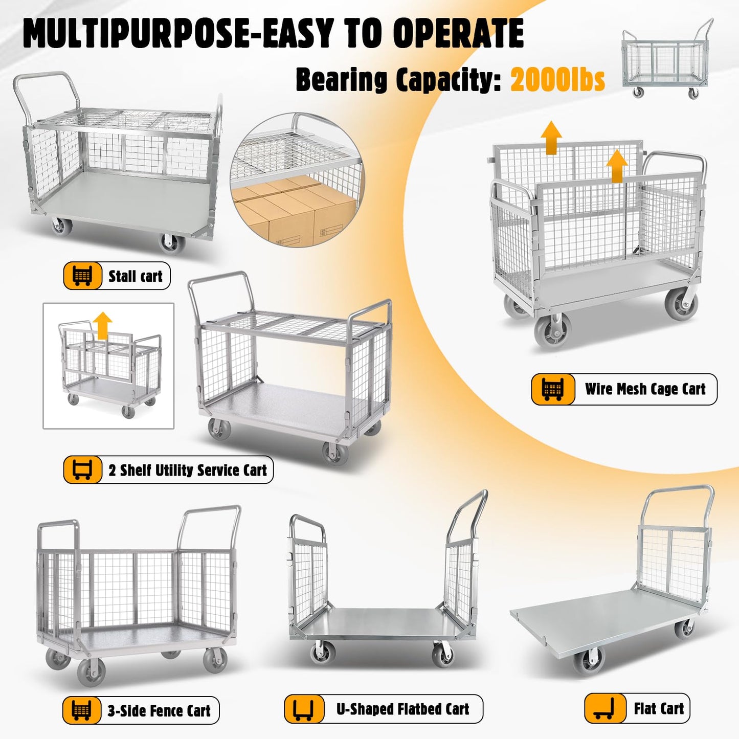 2000lbs Capacity Platform Truck Cart with Cage 6-in-1 Multi-Purpose Flatbed Cart 39"x24" Foldable Heavy Duty Push Cart Dolly W/Swivel Wheel & Rmovable Side for Groceries, Garage, Warehouse, Laundry