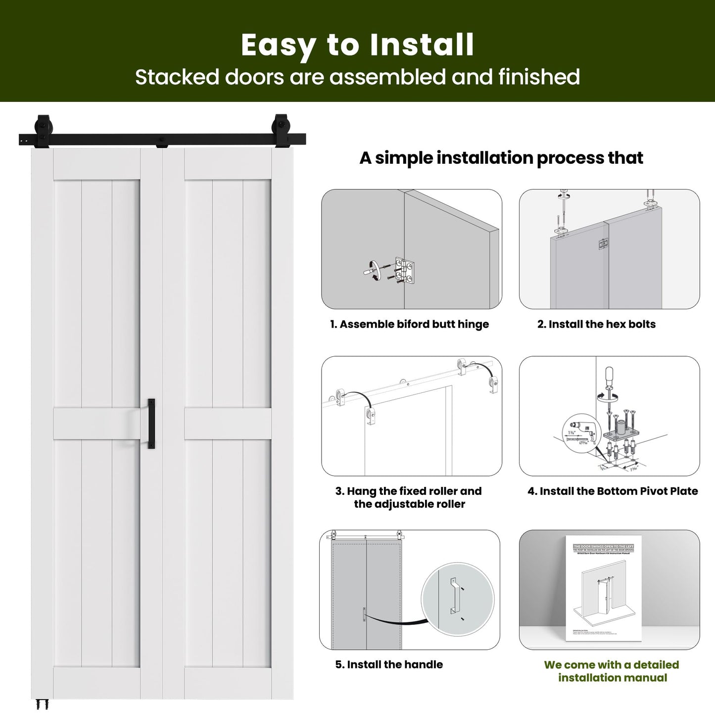 SMARTSTANDARD Bifold Barn Door 24'' x 84'',Bi-Fold Sliding Closet Doors with Hardware Kit Included,28'' Track Kit for 2 Doors,Waterproof & Quiet,Pre-Drilled Holes Easy Assembly,White
