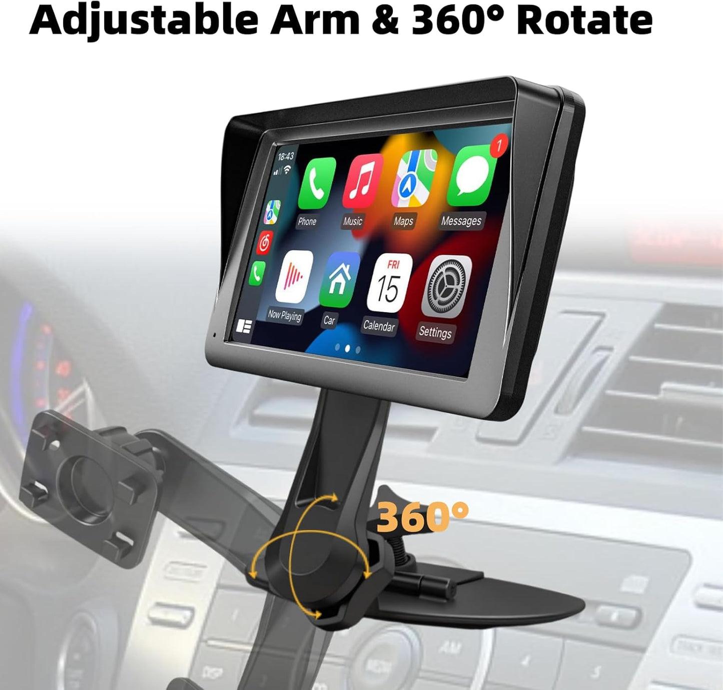 Epronic 360 7" 9" 10.26" Extended Arm CD Slot Mount for CarPlay Screen Adjustable Rotating Universal Head Compatible