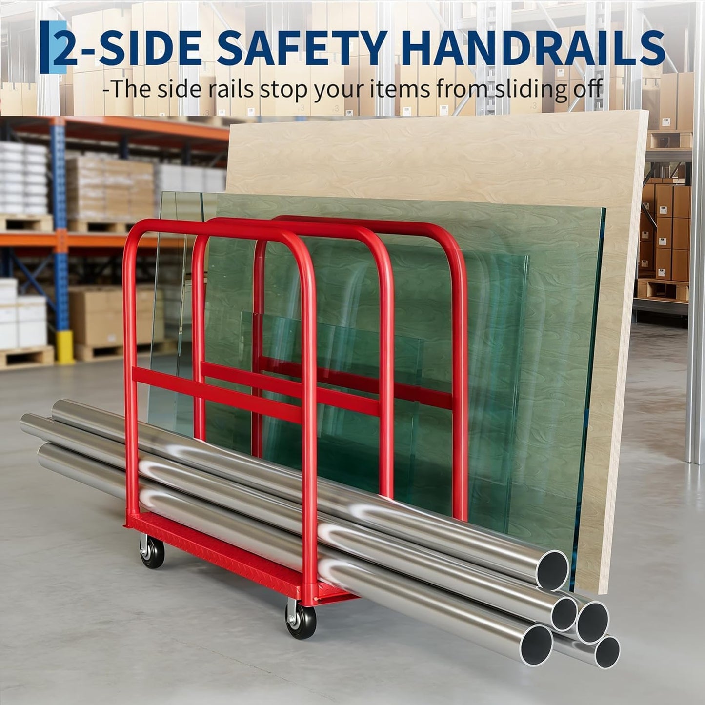 2-in-1 Drywall Dolly Cart, Heavy Duty 2000LBS Capacity Panel Cart Dolly, 41x24 Inch Platform Truck with 1 Front and 4 Side Handrials, 5" Swivel Brake for Warehouse Garage Moving, Red