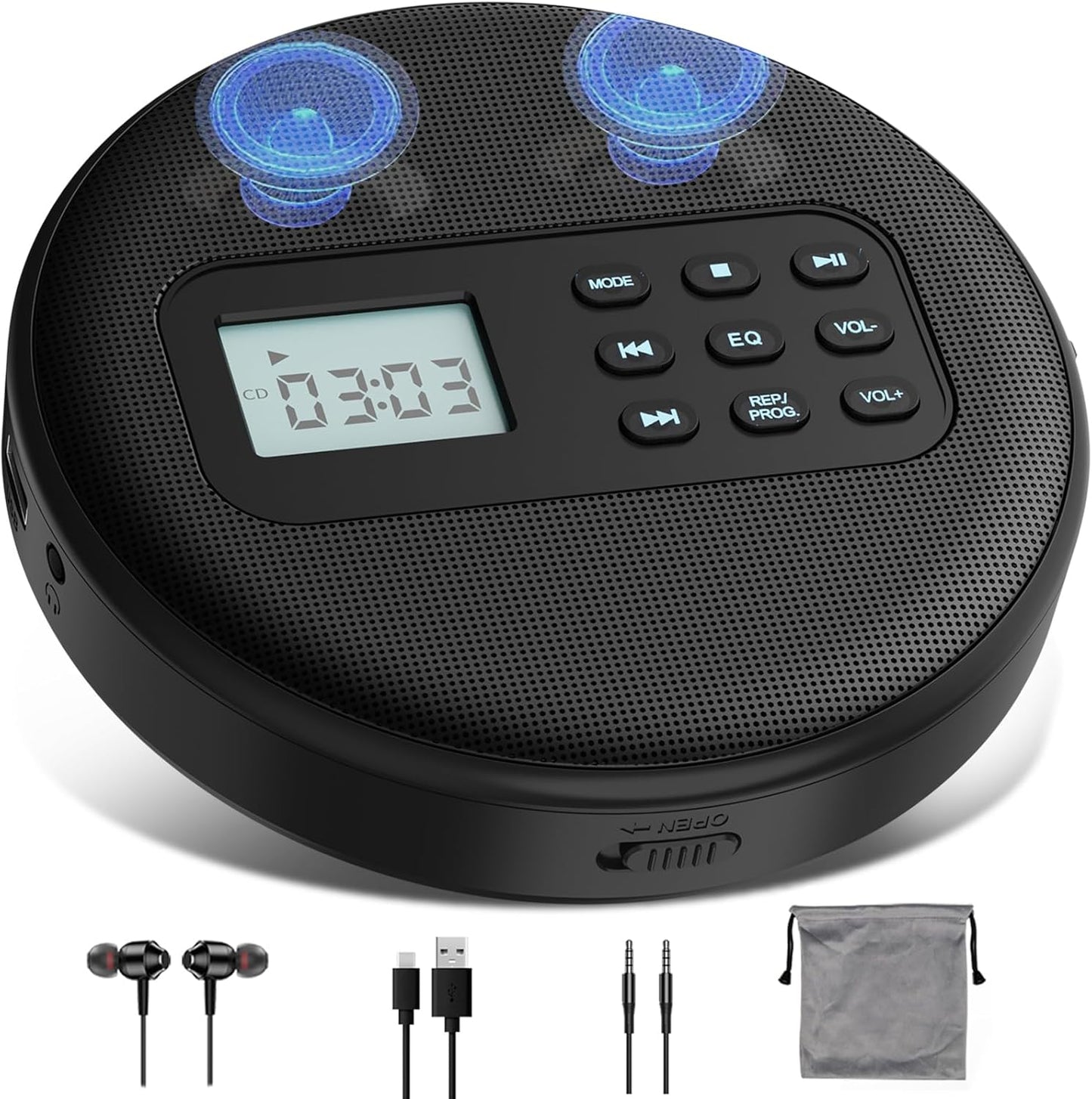 Kuephom Discman CD/USB/MP3 Portable CD Player with Headphones and Built-in Speakers: Rechargeable with Anti-Skip