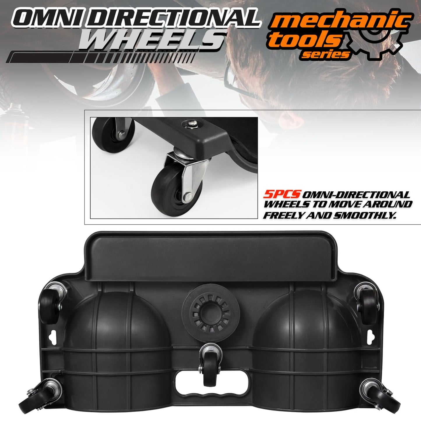 M-AUTO Rolling Knee Creeper Durable Knee Pads with Full 360 Degree Turn Casters and Tool Tray, Garage Kneeling Pads on Swivel Castors for Home Workshop Auto Repairing Maintaining, Black