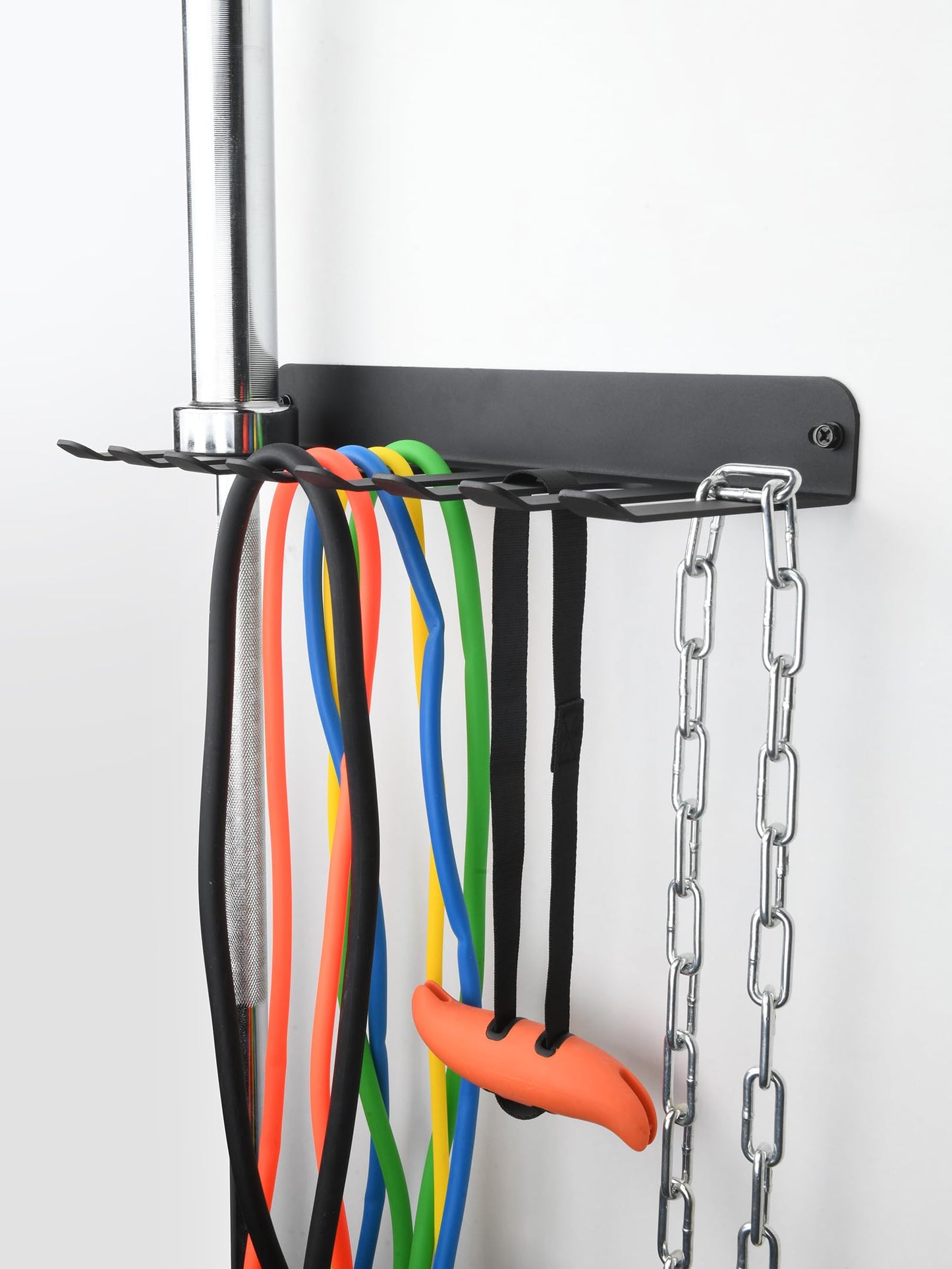 Performance Seven Bars Holder Storage,Custom Powder Coated HEAVY-DUTY STEEL Mount Wall Rack Storage Rack,Weight Room Organizer with 8 Wall Hooks for Exercise Bands Jump Ropes Chains Lifting Belts 3mm Black 8 Tooth