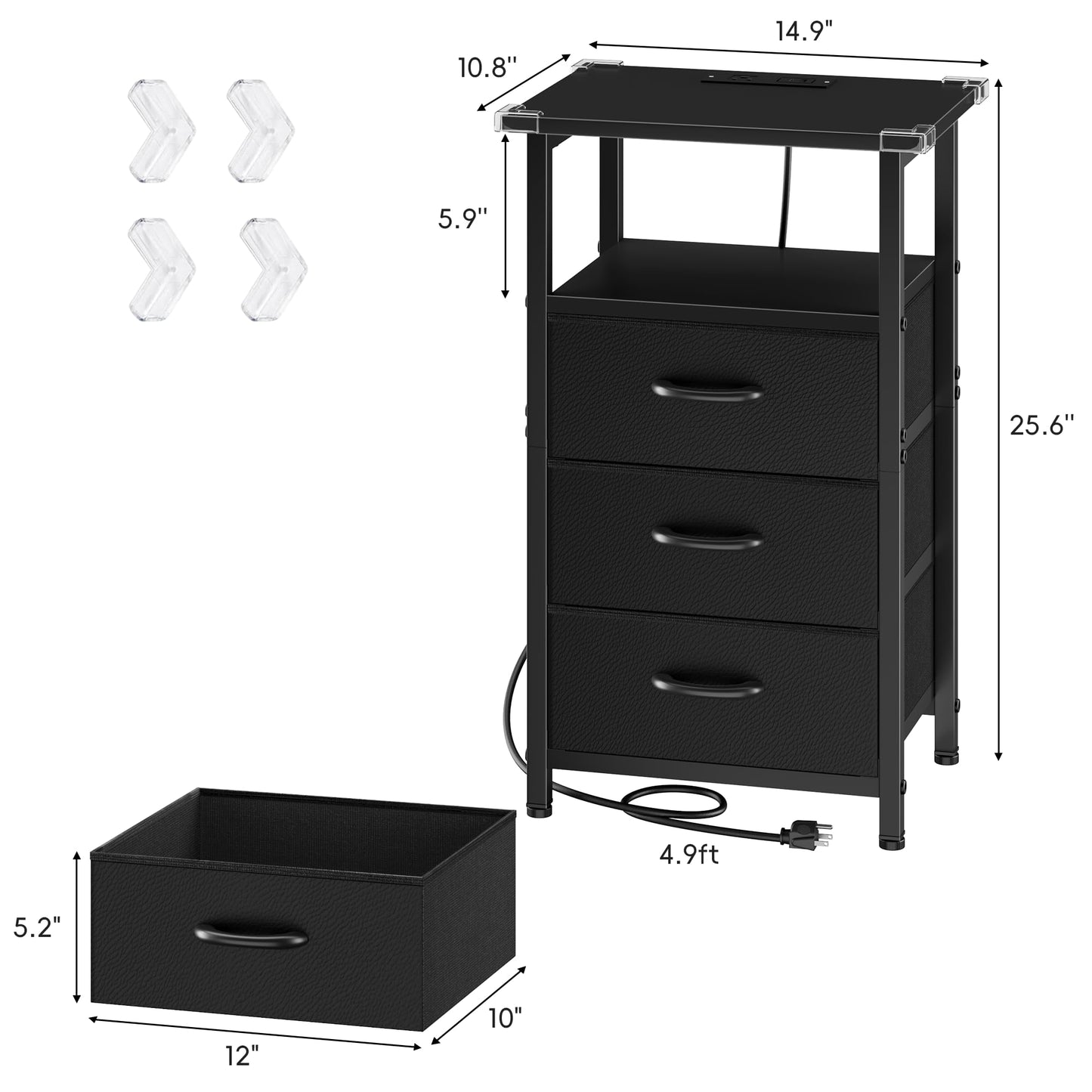 Vagusicc Night Stand Set 2 with Charging Station, LED Nightstand for Bedroom, Bedside Table with 3 Fabric Drawers, End Table Side Table with USB Ports & Outlets, Bed Side Table for Bedroom, Black