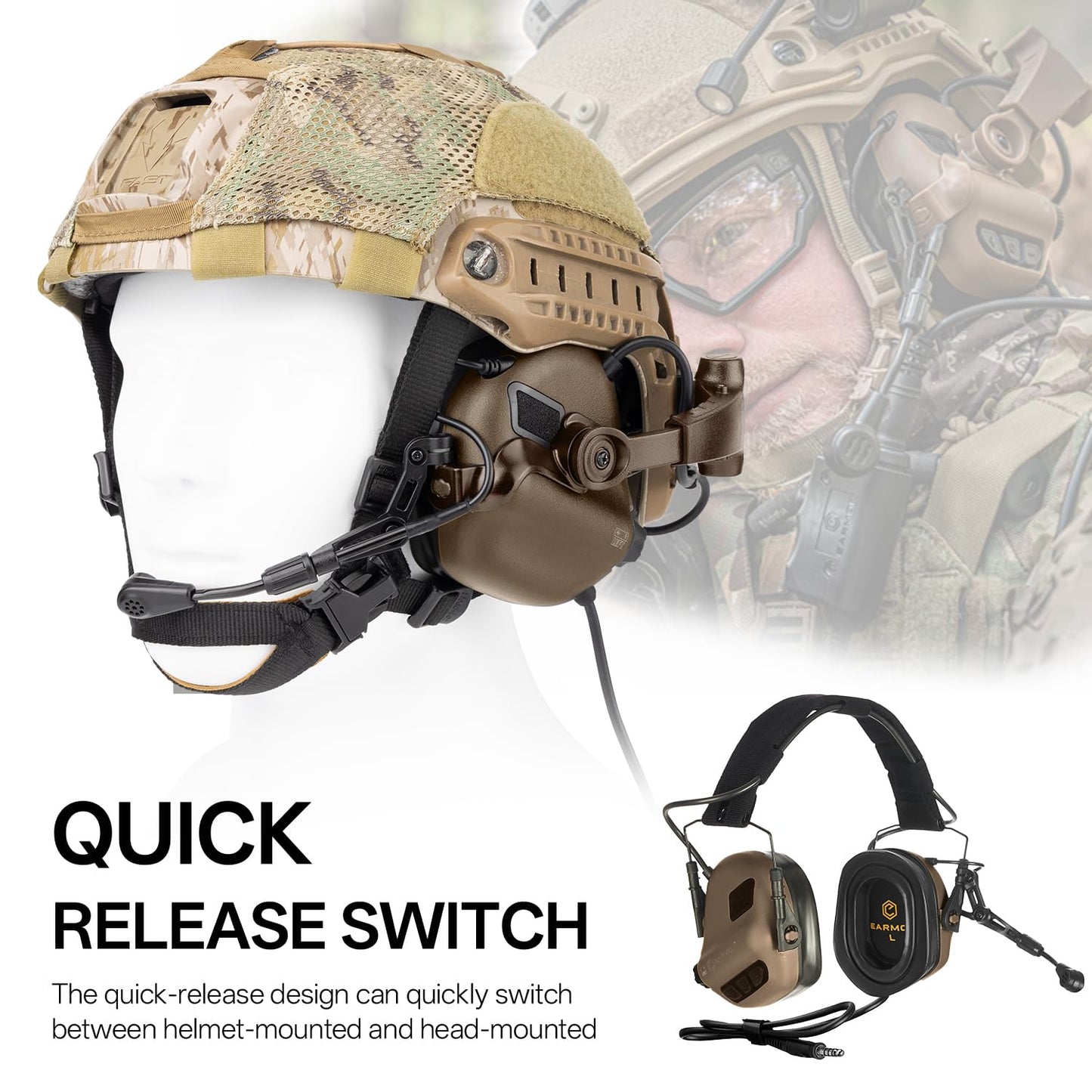 OPSMEN Upgrade EARMOR M32X PLUS Tactical Headset with MIC, Nato TP120 & U-174 Connector and ARC Rail Helmet Adapters, Noise Cancelling Ear Muffs Electronic Hearing Protection for Shooters
