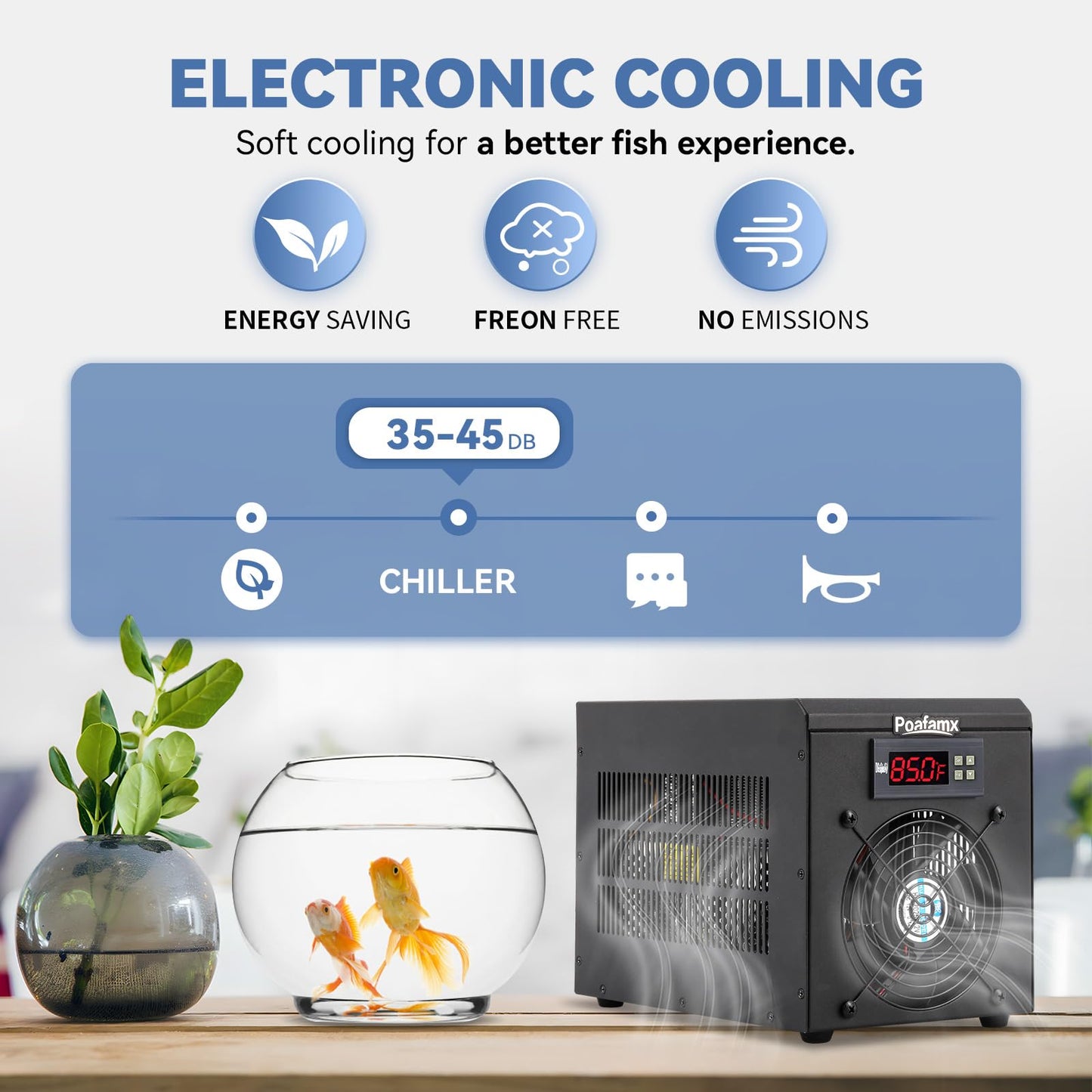 Poafamx 16Gal (60L) Aquarium Chiller, Small Water Chiller with Electronic Cooling, Quiet Fish Tank Cooler for Axolotl, Fish, Shrimp with Pump and Pipe 110V