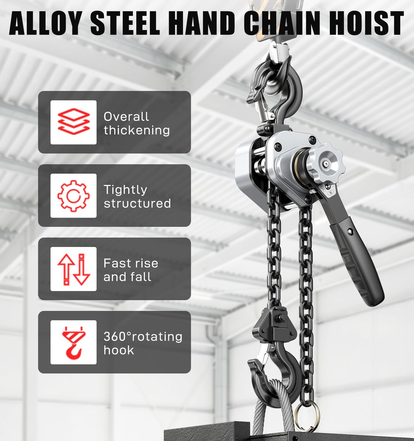 HUGOASIS Mini Lever Hoist 1-1/2 TON 3300 LBS Capacity 10FT Lift, Portable Aluminum Ratchet Chain Hoist with G80 Alloy Steel Chain, Dual Brake Hand Chain Puller for Lifting & Pulling,Silver