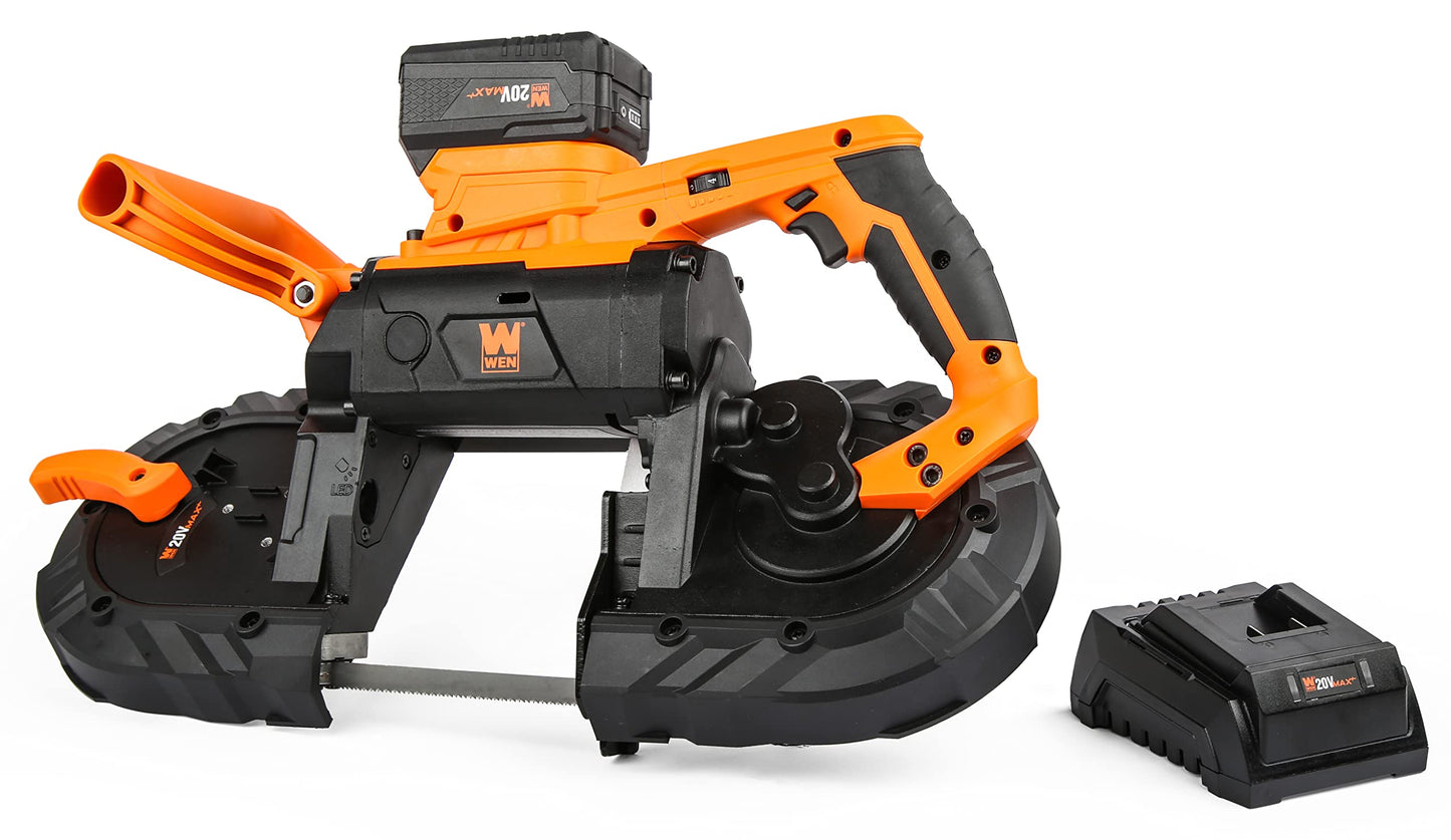 WEN Cordless Portable Bandsaw for Metal with Variable Speed, 20V Max 5.0 Ah Lithium-Ion Battery, and Charger (20496)