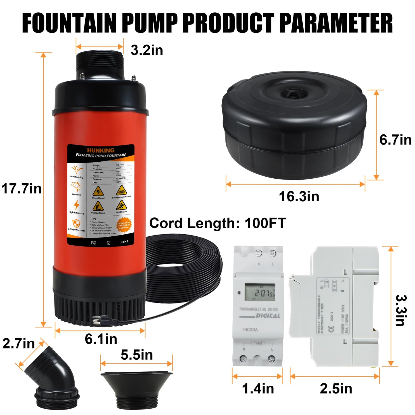 HUNKING H1 Pond Fountain Aerator 750W 1HP - 16000 GPH Floating Aerating Pump with Timer, 110V-120V/100FT Power Cord/2 Nozzles Outdoor Water Circulation Jet System for Large Ponds, Lakes, Water Gardens