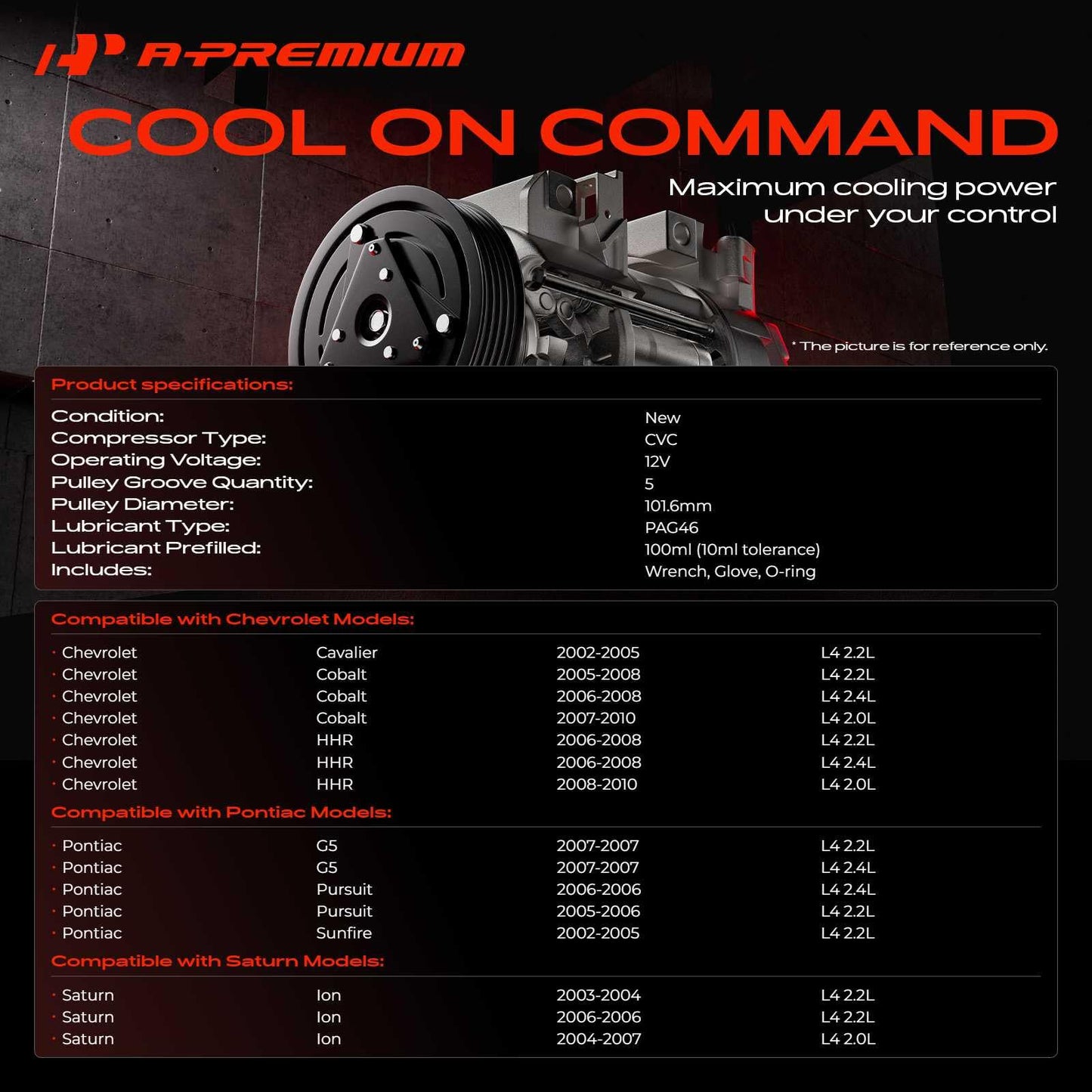 A-Premium A/C Compressor with Clutch Compatible with Chevrolet Cavalier Cobalt HHR, Pontiac G5 Pursuit Sunfire, Saturn Ion