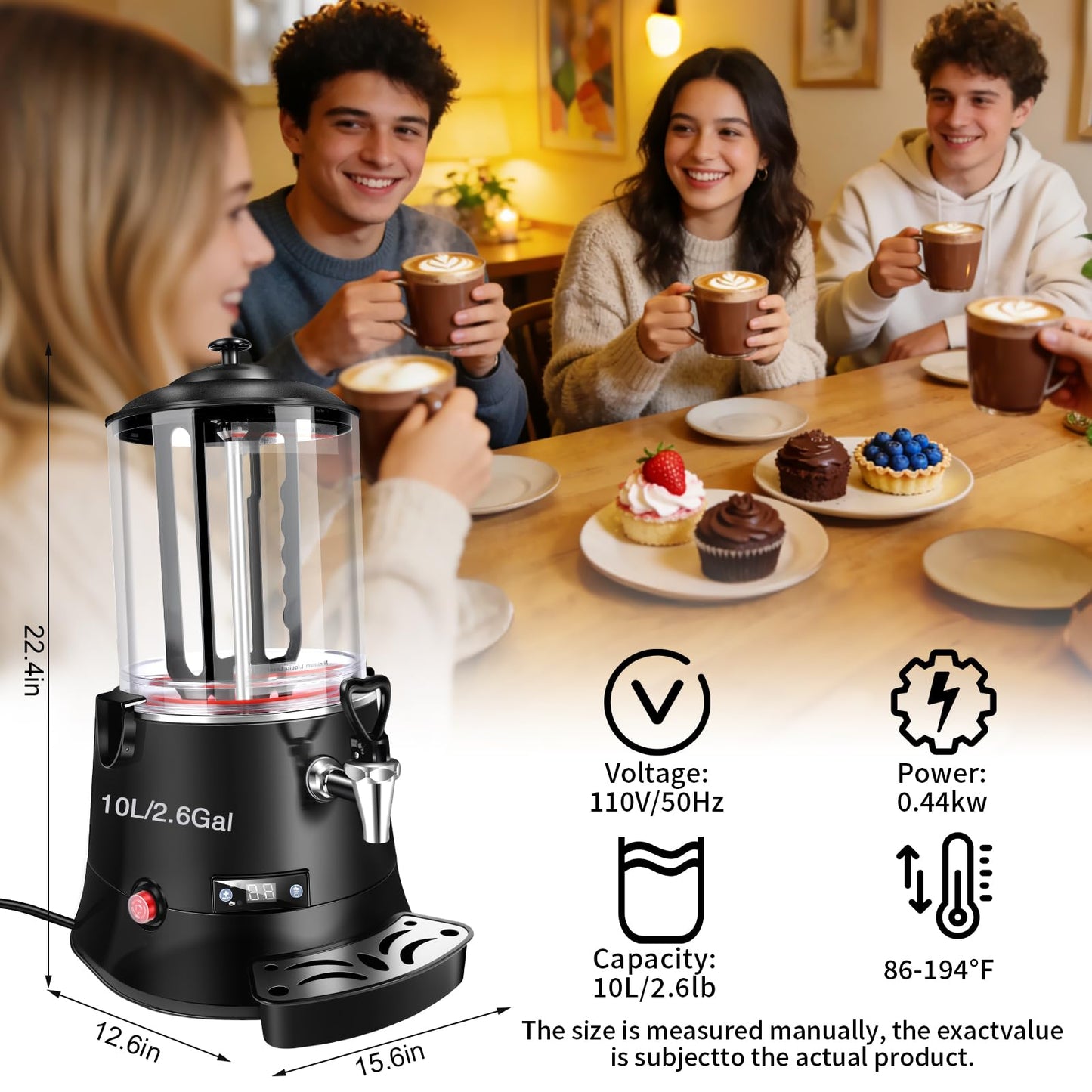 Commercial Hot Chocolate Machine & Beverage Dispenser, 10L Capacity, 110V Electric Warmer for Coffee, Hot Chocolate, Milk Tea, Black, Professional Grade for Cafes & Restaurants