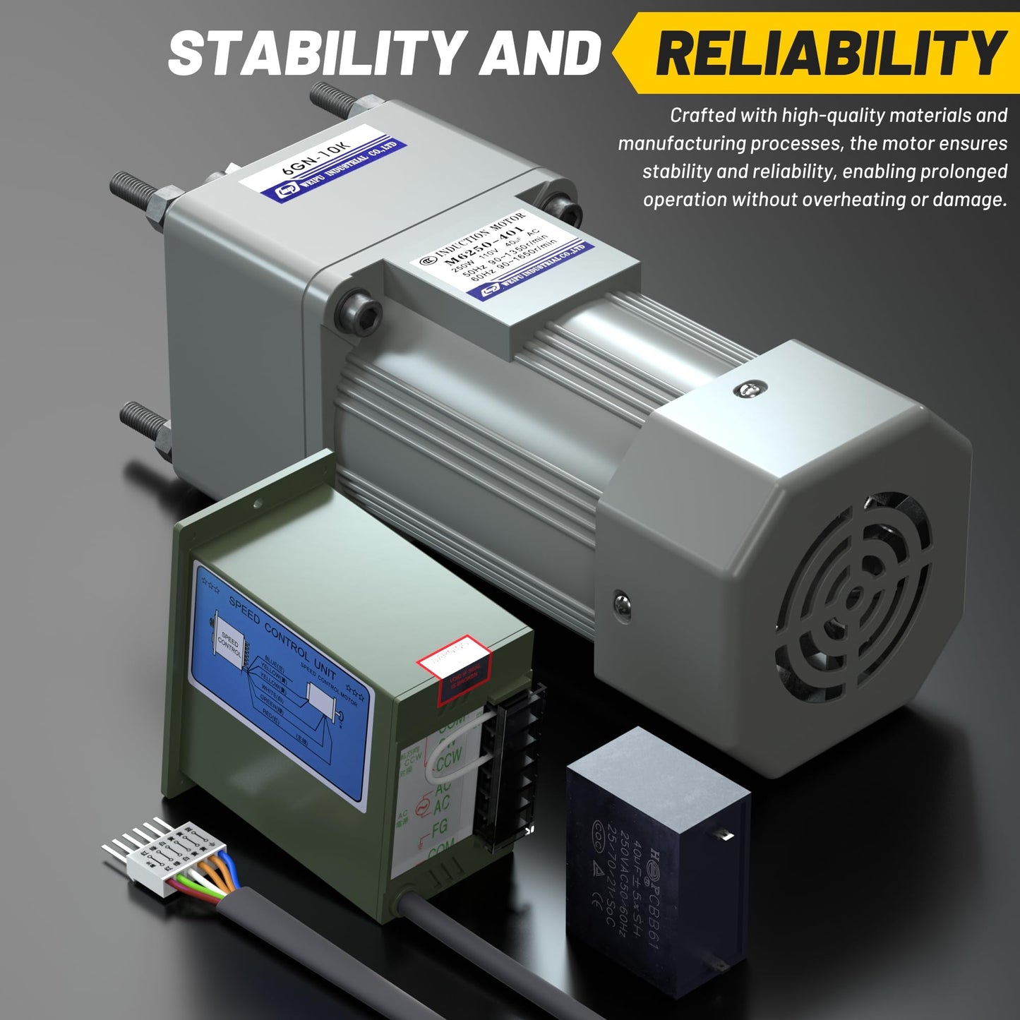 High Torque AC Motor + Speed Controller + Gear Box, 250W Single Phase Electric Motor with Gearbox, Variable Speed Motor, Reversible Gear Motor with Control Box, 110V Geared Motor