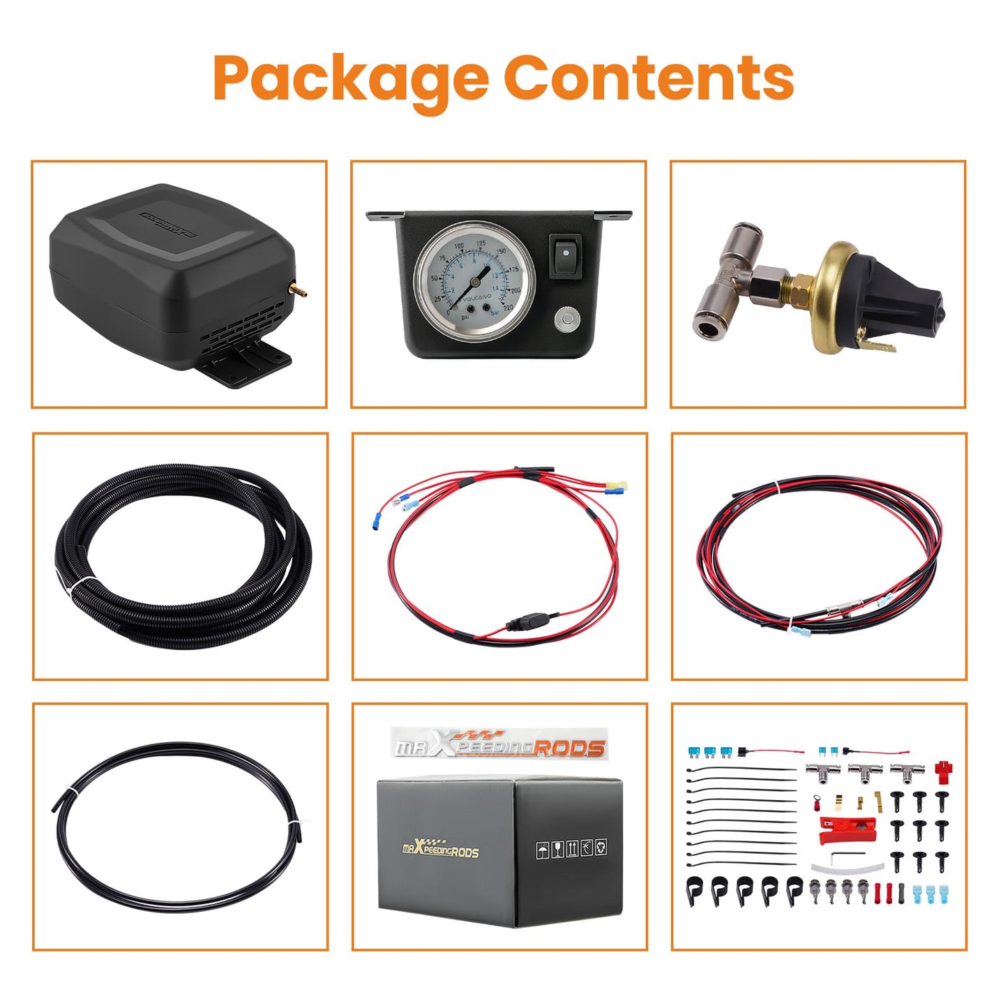 maXpeedingrods On Board Air Compressor System with Low Pressure Sensor Analog Gauge Air Line Fittings Universal Air Compressor Kit for Trucks Vans