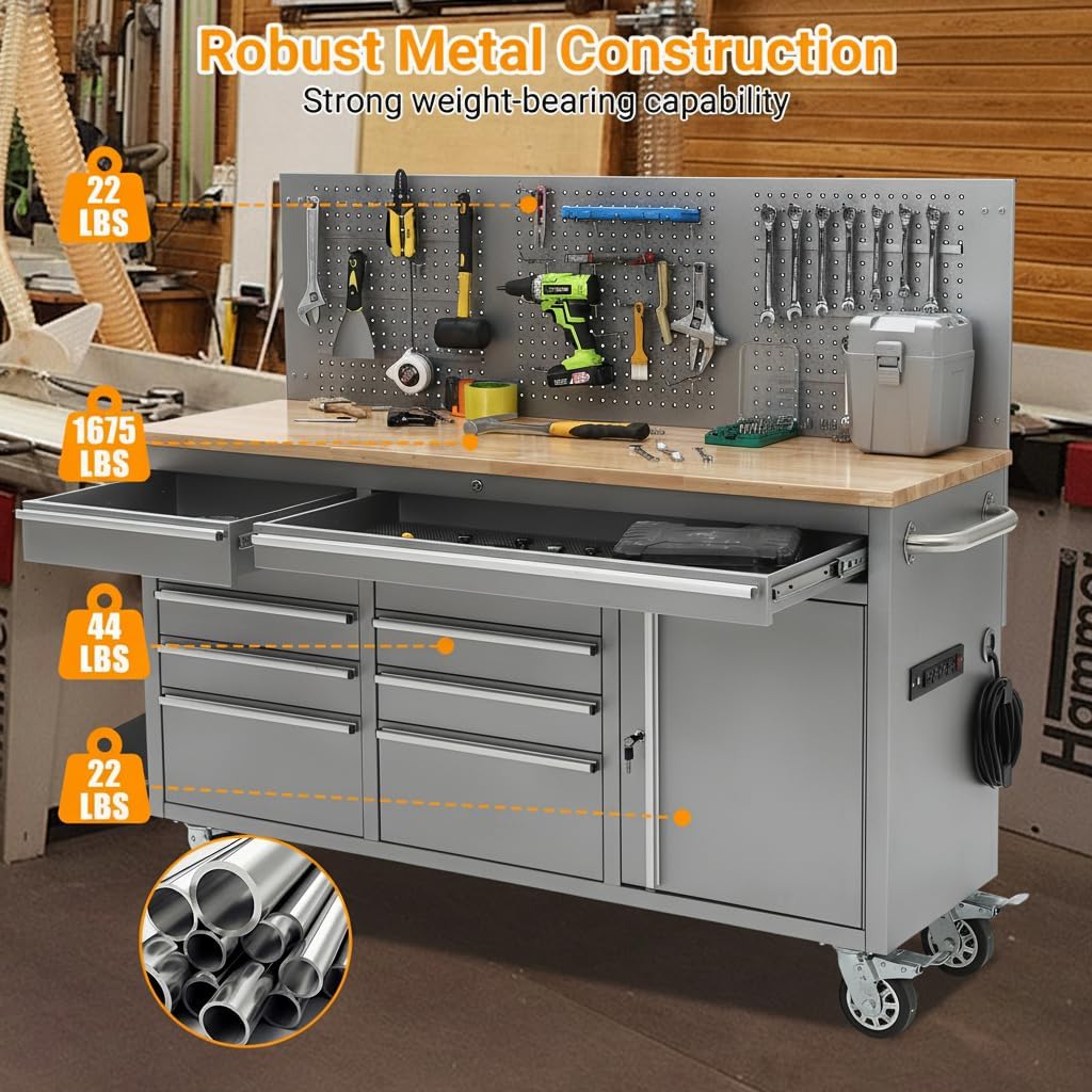 MilleLoom Tool Chest, 61 Inch Tool Box Mobile 9 Drawers Storage Rolling Cabinet with Wheels Lock Key Locking System Drawer Liners for Garage Warehouse Repair Shop, Sliver